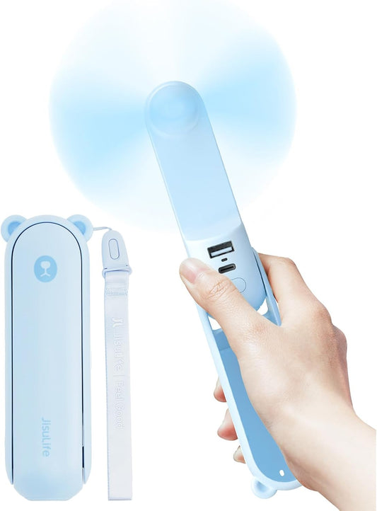 JISULIFE Handheld Fan with 4500 mAh Powerbank Max 37 Hours Runtime, Pocket Portable Battery Operated or USB Powered Folding Personal Fan, 3 Speeds, Gifts for Women Men Kids Gift for Festival-Blue