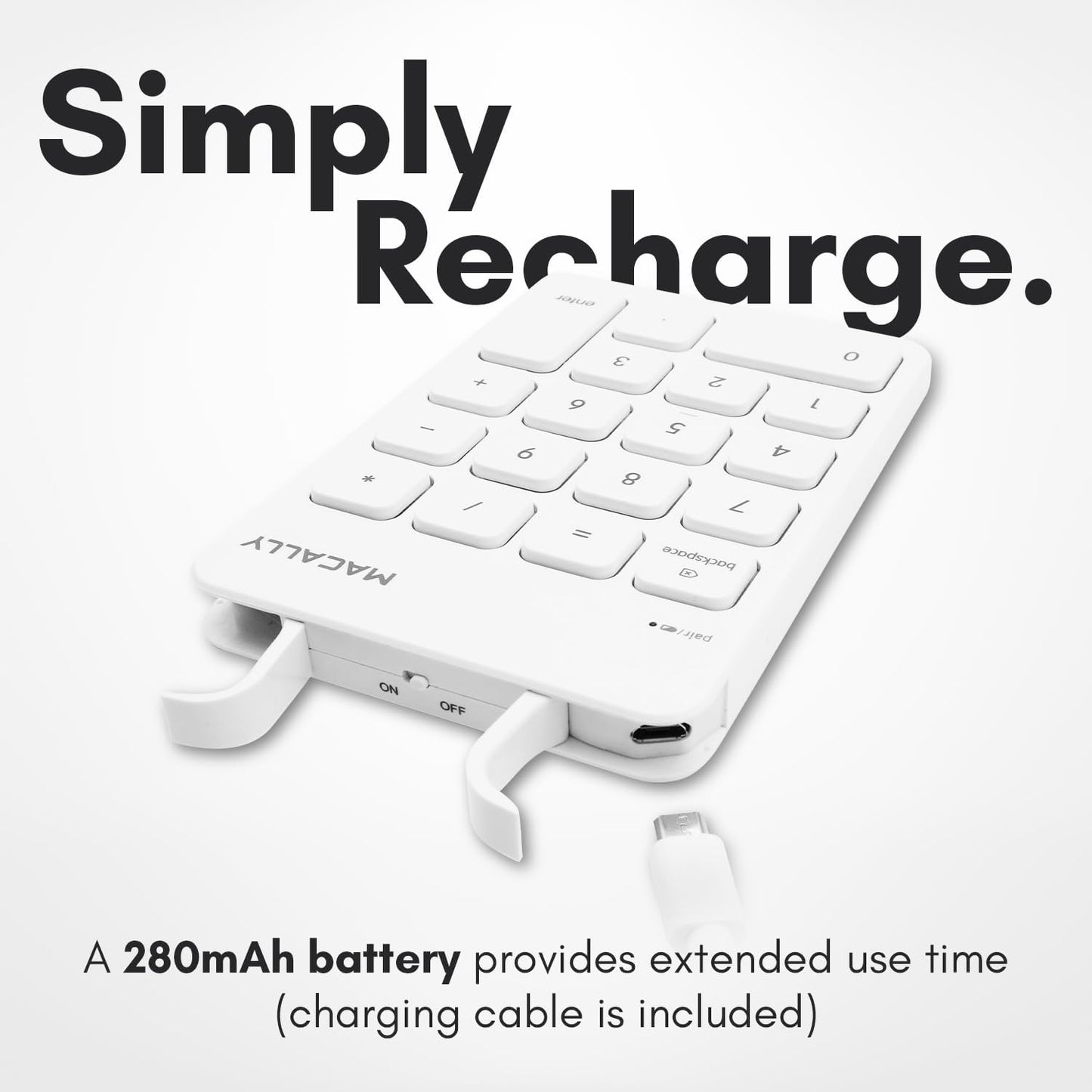 Macally Bluetooth Number Pad for Laptop, Apple, Mac, iMac, MacBook Pro/Air, Ipad, Windows PC, Tablet, or Desktop Computer - Rechargeable 18 Key Wireless Numeric Keypad - White Bluetooth 10 Key Numpad