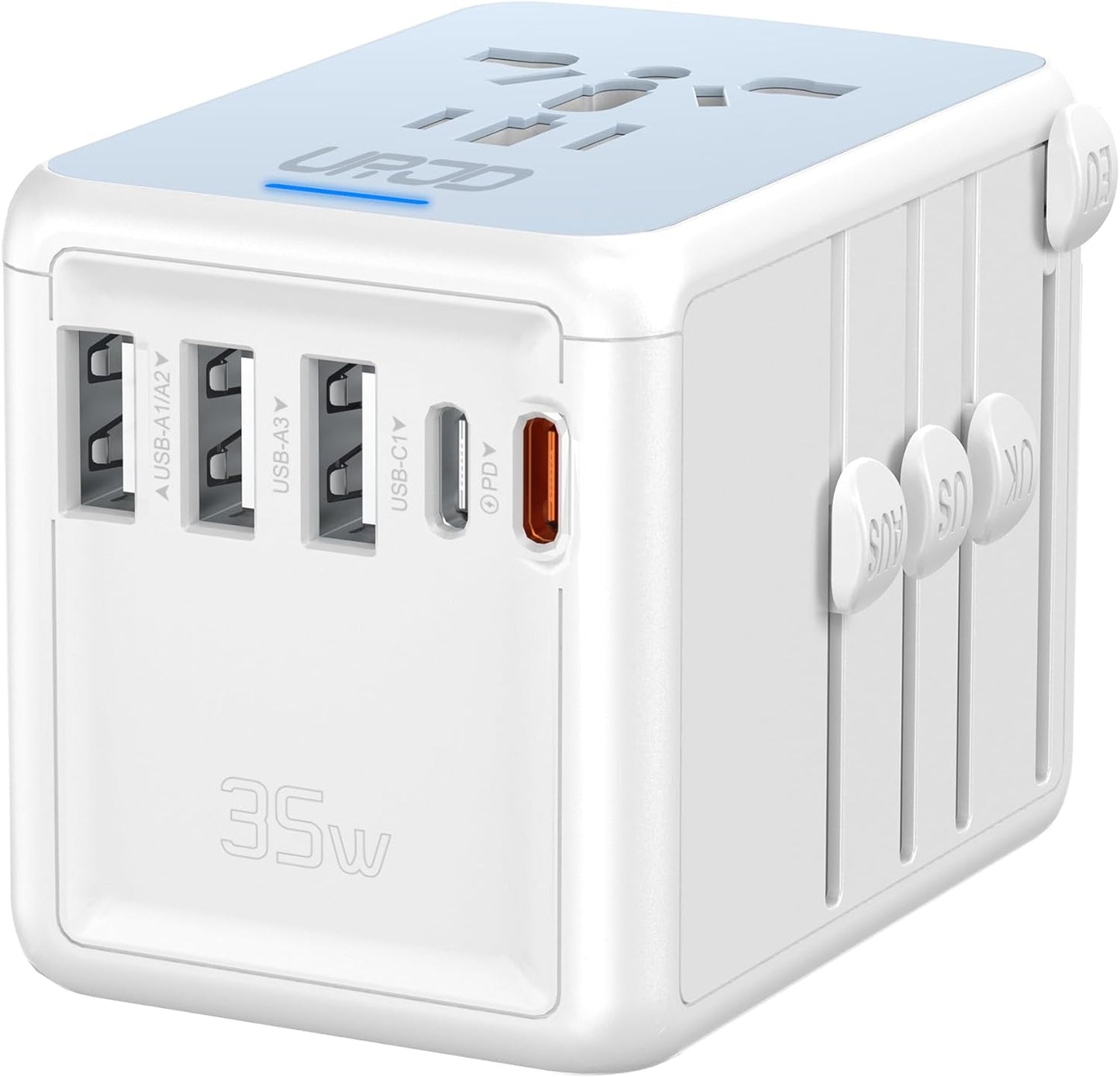 Universal Travel Adapter 35W PD Fast Charging Offers 3X2.4A USB-A Ports, 2X USB-C Ports and Multi AC Outlet, International Plug Converter Worldwide Travel Charger All in One for EU US UK AUS