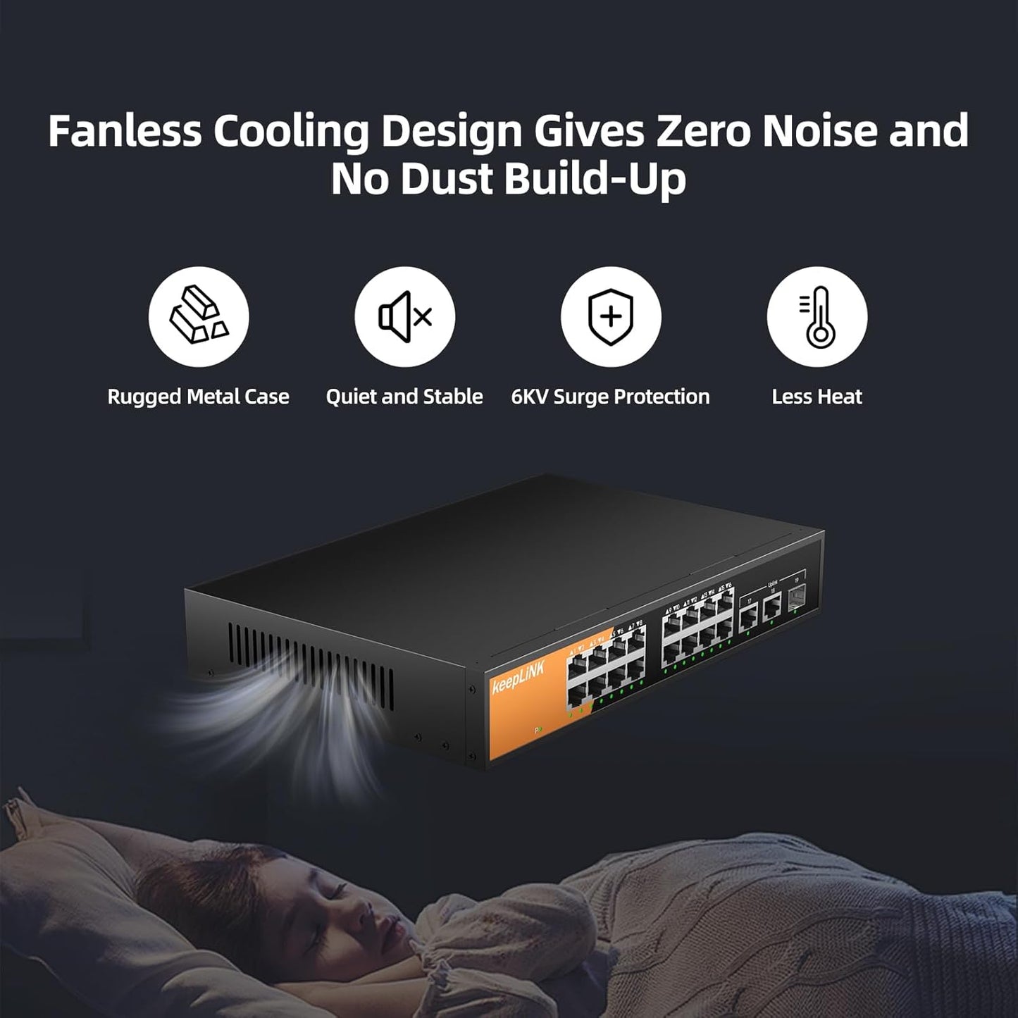 16 Port Gigabit PoE Switch Unmanaged, 16 PoE+ Ports @240W, 2 Gigabit Uplink Ports and 1 SFP Slot, 802.3 at/af Compliant, Fanless & Metal Housing, Desktop or Rackmount