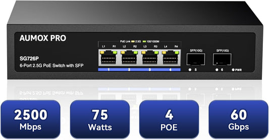 6 Port 2.5G PoE Switch,AUMOX PRO 4 Port 2.5G Network Unmanaged Switch with 2x10G SFP Gigabit Ethernet Unmanaged PoE Switch 75W,Compatible with 100/1000/2500Mbps Plug and Play