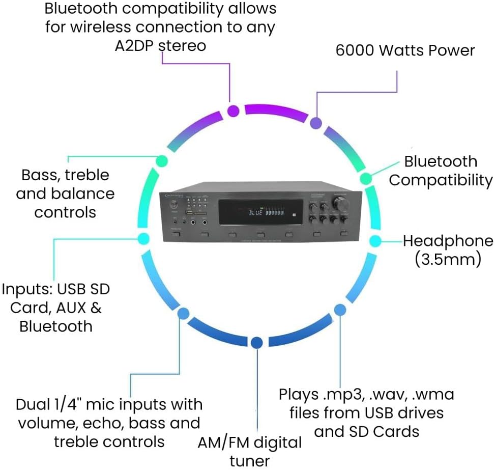 Vaiyer Home Audio System Kit, 6-Channel 6000 Watts Bluetooth Amplifier with 6.5" 8 QTY of 200 W Each Frameless in-Wall in-Ceiling Speakers & 16 AWG 500 ft. Speaker Wire - Perfect for Home, Office, Bar