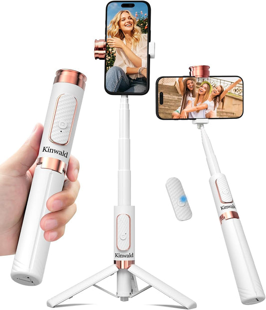 Selfie Stick Tripod for iPhone & Android, Portable Phone Tripod Stand with Bluetooth Remote, One-Click Open, Compact & Lightweight, All-in-1 for Vlog/Travel/Photography (White)