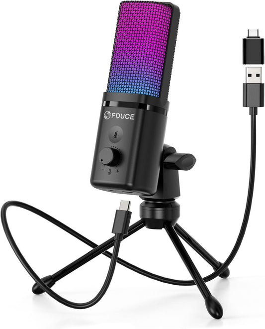 FDUCE Gaming USB Microphone for PC,RGB Condenser Computer Mic with Tripod Stand,Quick Mute,Gain Control,Cardioid Mic for Streaming, Podcast, Twitch, YouTube, PC, Computer, PS5, (M160)