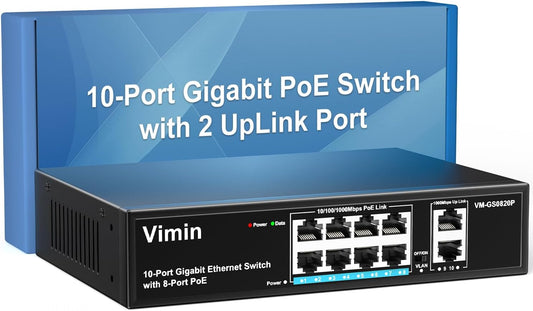 8 Port Gigabit PoE Switch with 2 Uplink Gigabit Ports, VIMIN 10 Port Unmanaged Ethernet PoE Switch with 120W Power, Support IEEE802.3af/at, VLAN, Metal Housing, Desktop or Wall-Mount, Plug & Play