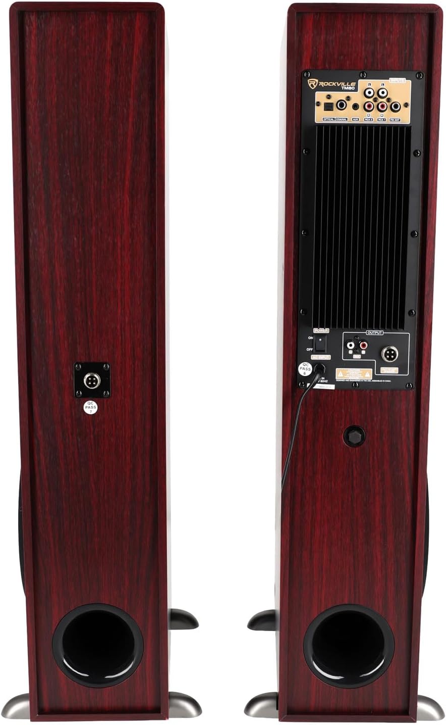 Rockville TM80C Powered Home Theater Tower Speaker System, Cherry Wood, 800W, 8" Subwoofers, Bluetooth, USB/SD Playback, FM Radio, Remote Control, Karaoke Ready, Perfect for Home Entertainment