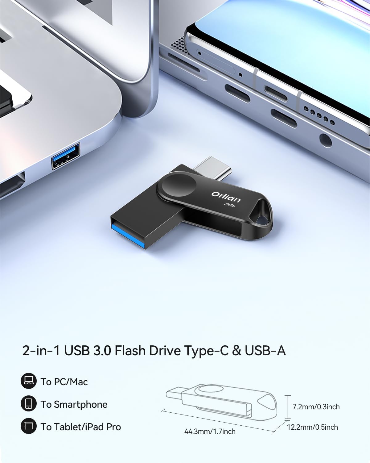 256GB USB-C & USB-A Dual Flash Drive, Waterproof, Metal, Slim Thumb Drive, OTG for PC, Smartphone, Tablet