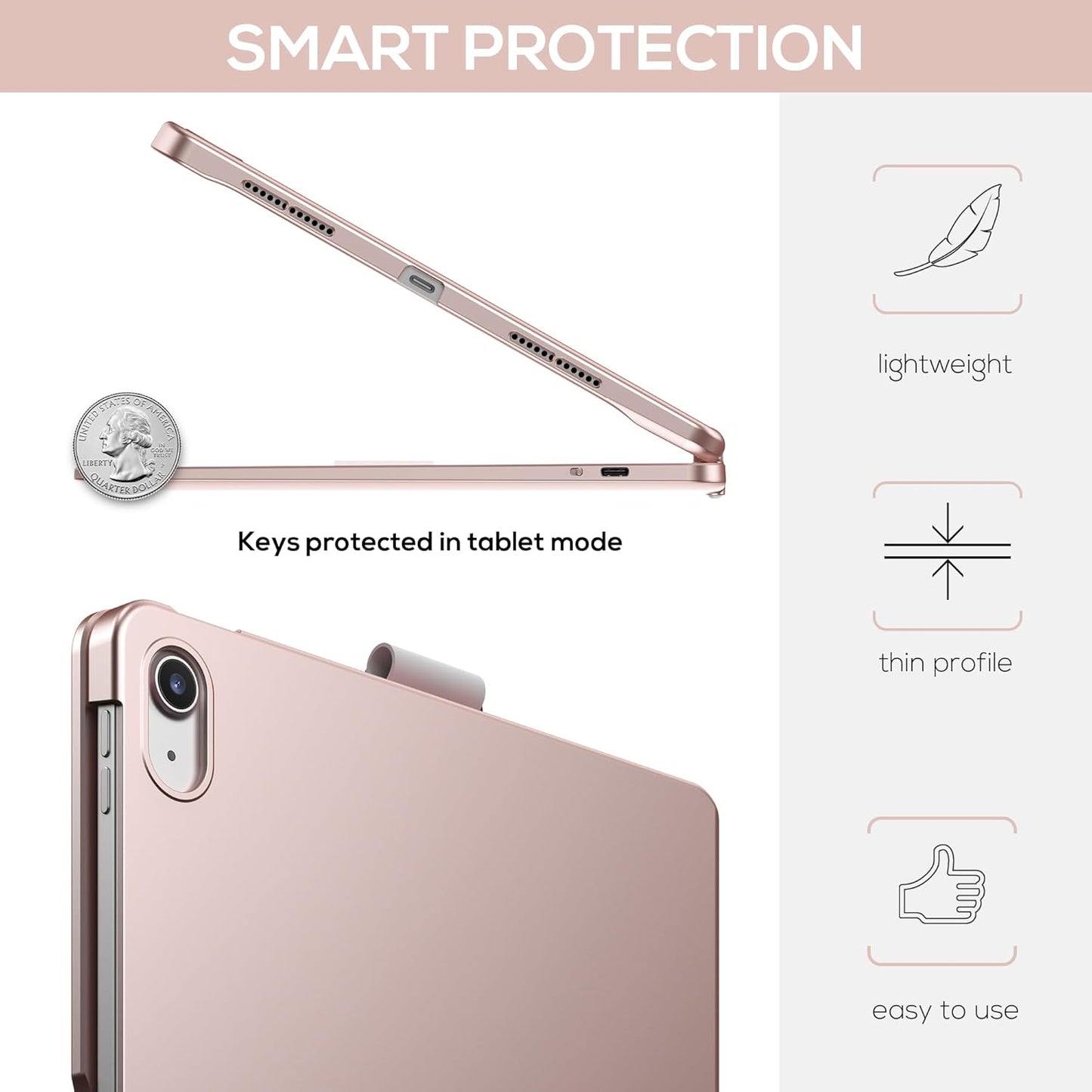 typecase Touch iPad 10th Generation Case with Keyboard (10.9", 2022) and iPad A16 (11th Gen, 2025) – 360° Rotatable, 11-Color Backlit, Multi-Touch Trackpad, Thin & Light (Rose Gold)