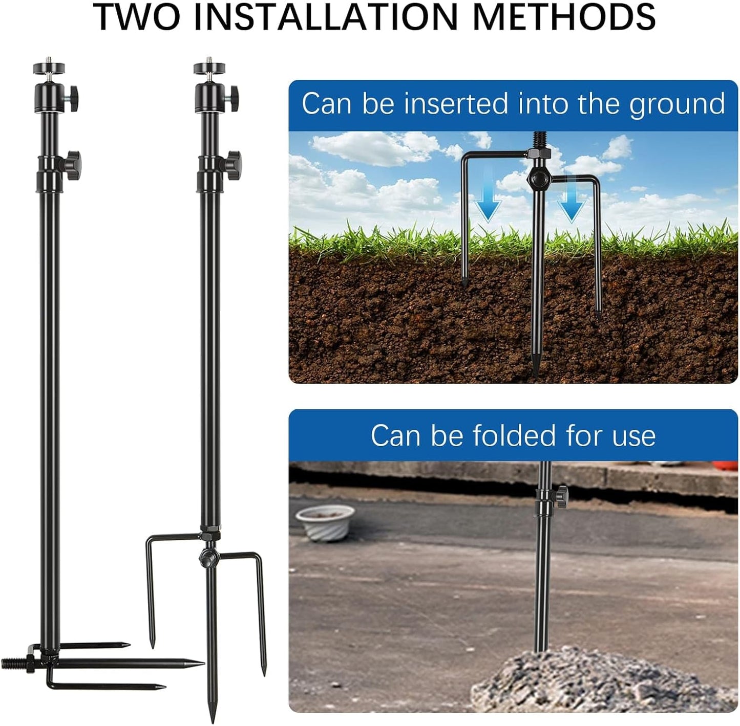 Trail Camera Mount,Height Adjustable (15.7"-28.3") & 360° Rotating Stake,Dual-Mode Base for Soft/Hard Ground Post,Game Cam Stand with 1/4"-20 Thread, Metal pole for Solar Panels,Hunting,Wildlife.2Pcs