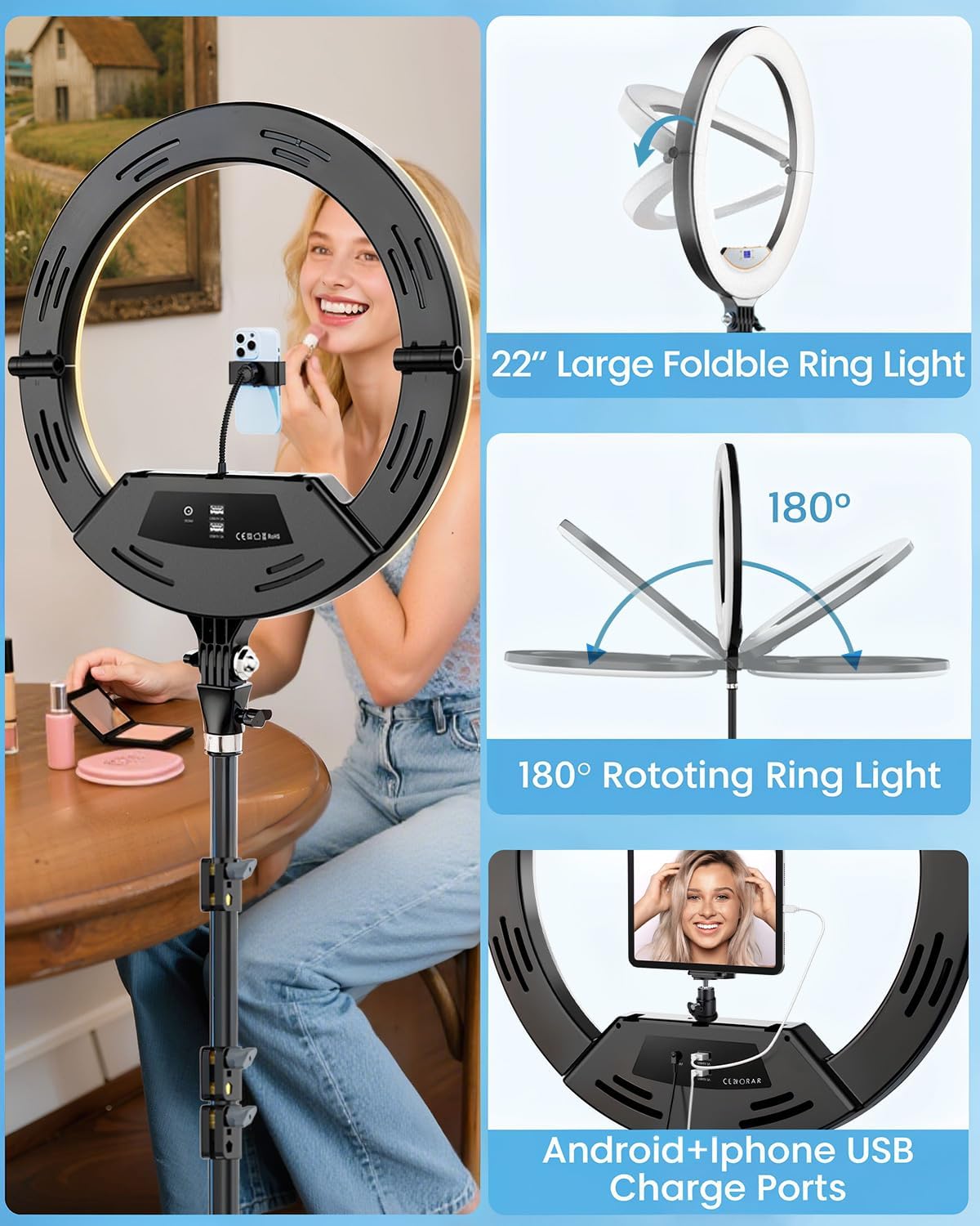 22" Large Ring Light with Stand,Foldable LED Big Ring Light Tripod for iPhone Phone Ipad, 75" Tall Tripod Touch Screen,Wireless Remote for Live Stream,YouTube,TikTok Video Shooting