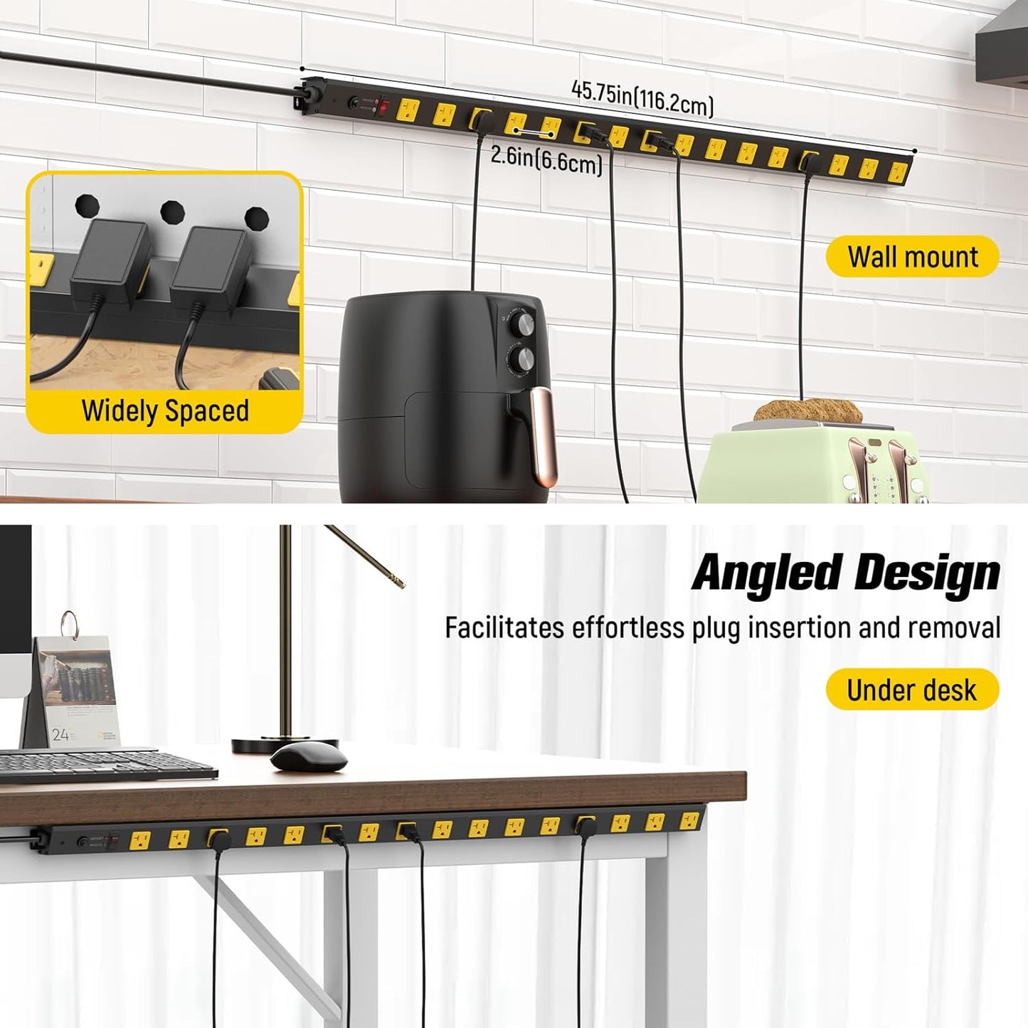 HHSOET 16 Outlet Long Power Strip, 4FT Heavy Duty Power Strip with 4800J Surge Protection, 20a Mountable Wide-Spaced Outlets for Home, Office, Garage & Workshop - ETL Certified