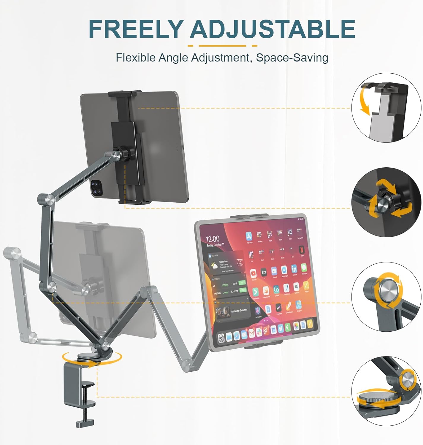 Tablet Stand Holder, Adjustable Foldable Tablet Arm iPad Desk Mount with 360°Rotate Base, Phone Holder iPad Stand for Desk and Bed, Compatible with Tablets, Phones or Other 4-15.6" Device