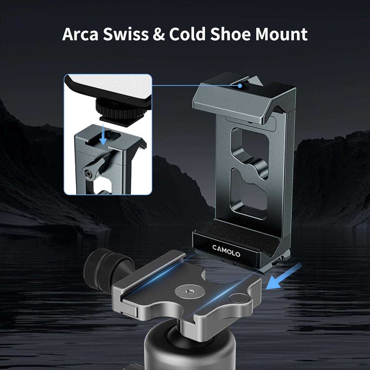 Metal Phone Tripod Mount Arca Port & Action Camera Adapter, Adjustable Smartphone Tripod Adapter Clamp Cell Phone Stand Holder Compatible with iPhone Plus PRO Max GoPro Samsung Galaxy Motorola Pixel