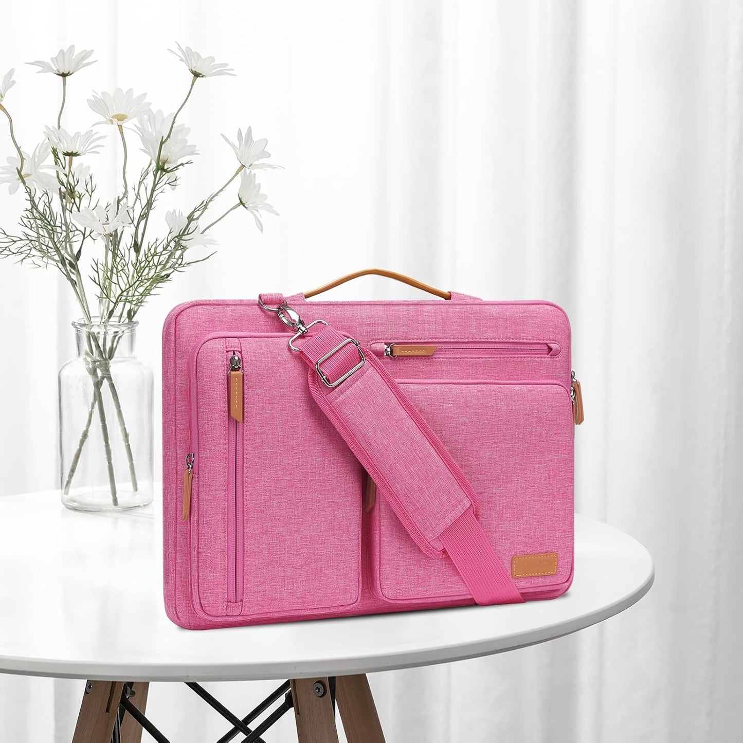 MOSISO 360 Protective Laptop Shoulder Bag,15-15.6 inch Computer Bags Compatible with MacBook Pro 16 inch, HP, Dell, Lenovo, Asus Notebook,Side Open Messenger Bag with 4 Zipper Pockets, Rose Red