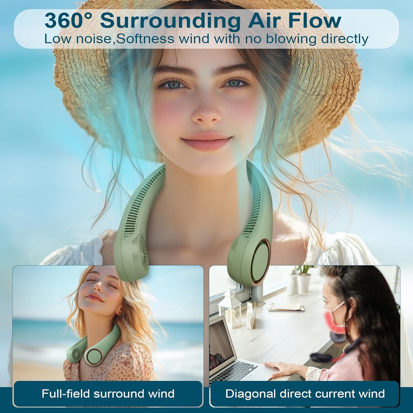 CIVPOWER Neck Fan: Portable Personal Neck Cooling Rechargeable Bladeless Fan - Hands Free 3 Speed 4000 mAh Battery USB Operated Wearable Headphone Design - for Men Women Outdoor Indoor (Light Green)