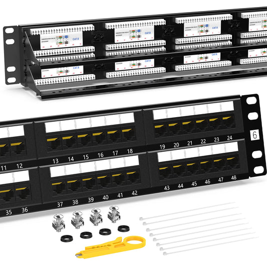 AMPCOM Premium Series CAT6 48 Ports Patch Panel, Rack Mount - 2U, 19 inch, RJ45 Ethernet 568A 568B, 15u Gold Plated, with Rear Cable Support Bar