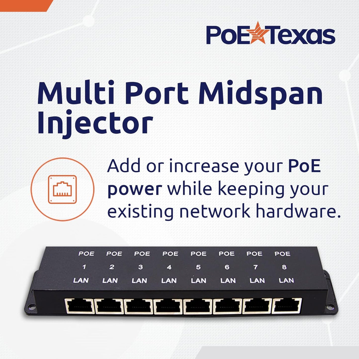 PoE Texas 8 Port Injector - 10/100 Passive Power Over Ethernet With 48V 60W UL Power Supply - 802.3af for VoIP Phones, WiFi Access Points, IP Cameras - Add to A Non-PoE Switch