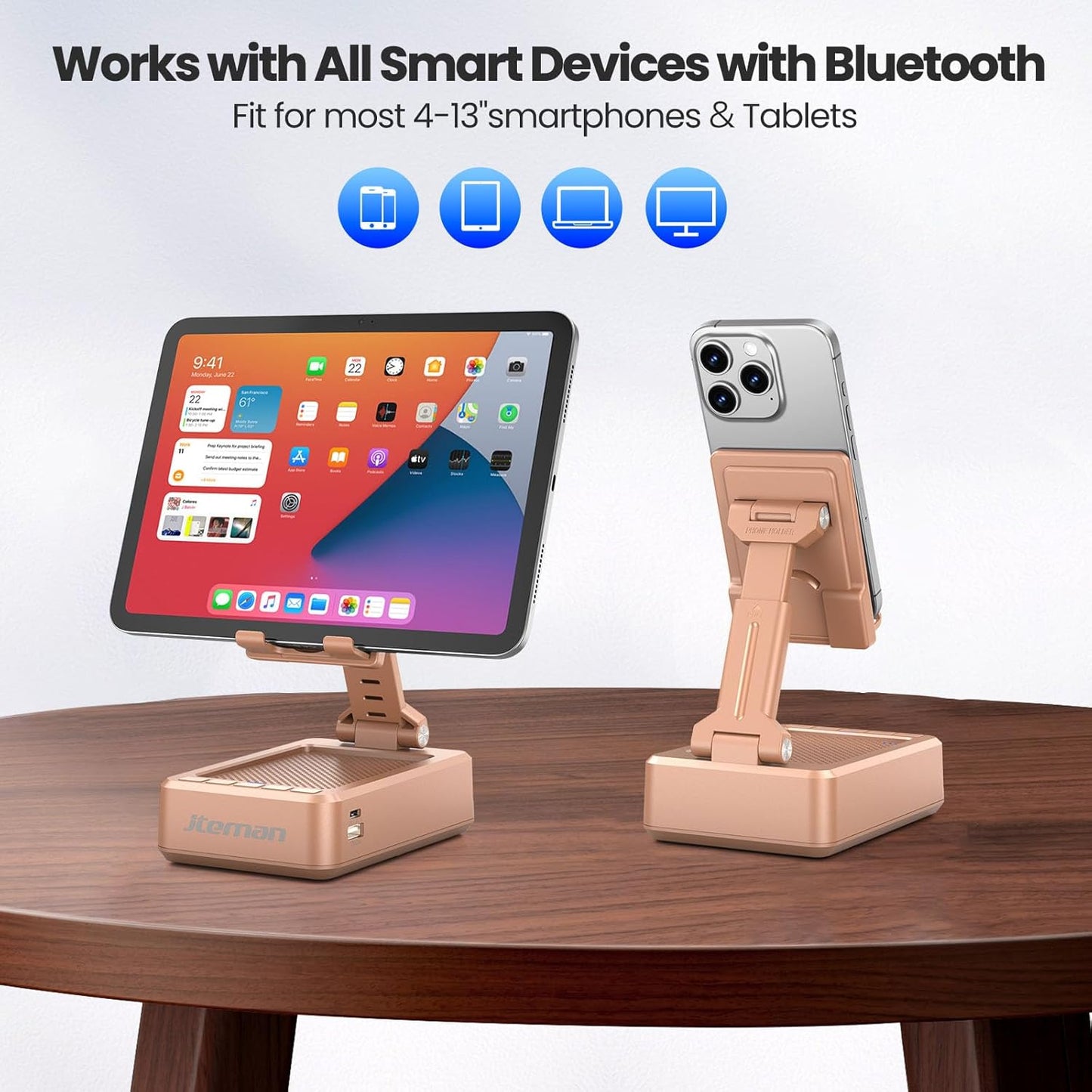 JTEMAN Cell Phone Stand with Bluetooth Speaker and Charging Function,Bluetooth Audio Power Bank Bracket,Birthday Gifts for Men Women,Kitchen Gadgets for Most Phones and Tablets-Rose Gold