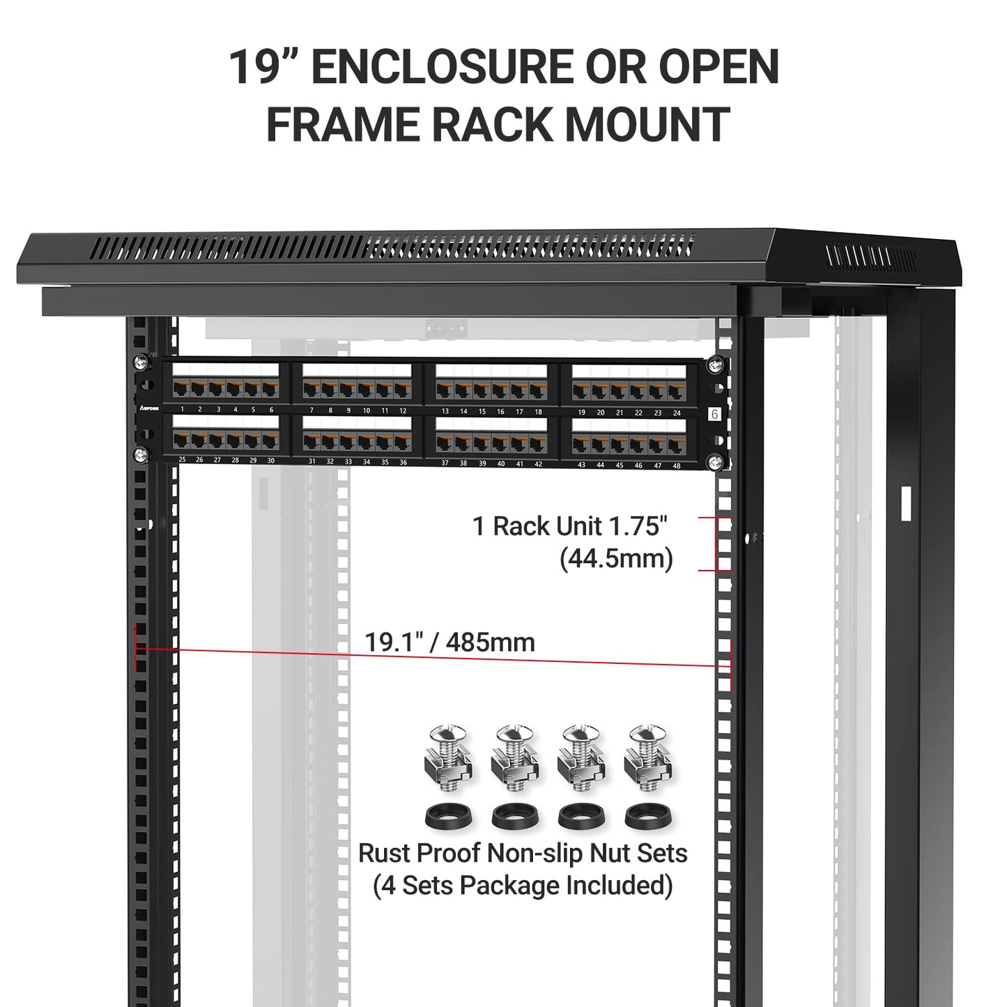 AMPCOM Premium Series CAT6 48 Ports Patch Panel, Rack Mount - 2U, 19 inch, RJ45 Ethernet 568A 568B, 15u Gold Plated, with Rear Cable Support Bar