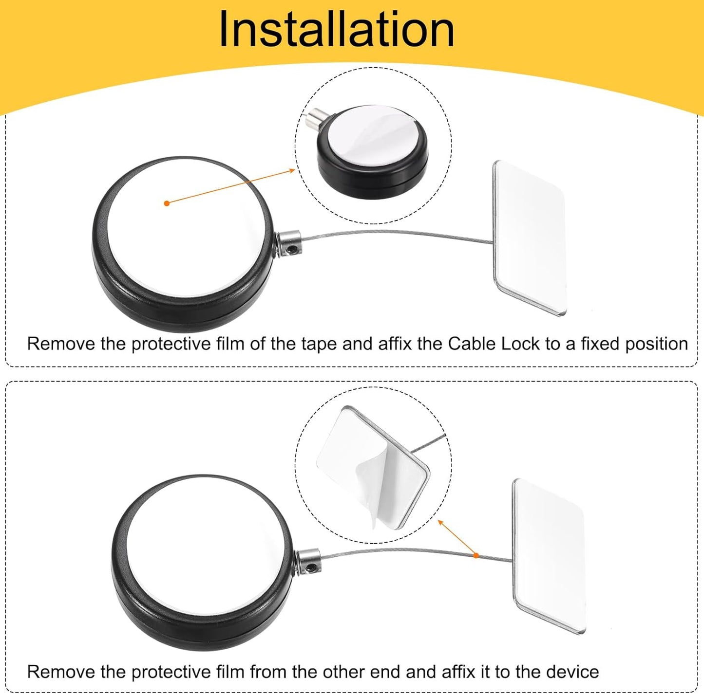 MECCANIXITY 3.3ft Retractable Cable Lock with Square Patch Remote Control Security Lock with Adjustable Cord Tether Anti Theft for Laptop, TV, 150 G, Black, 4 Pack