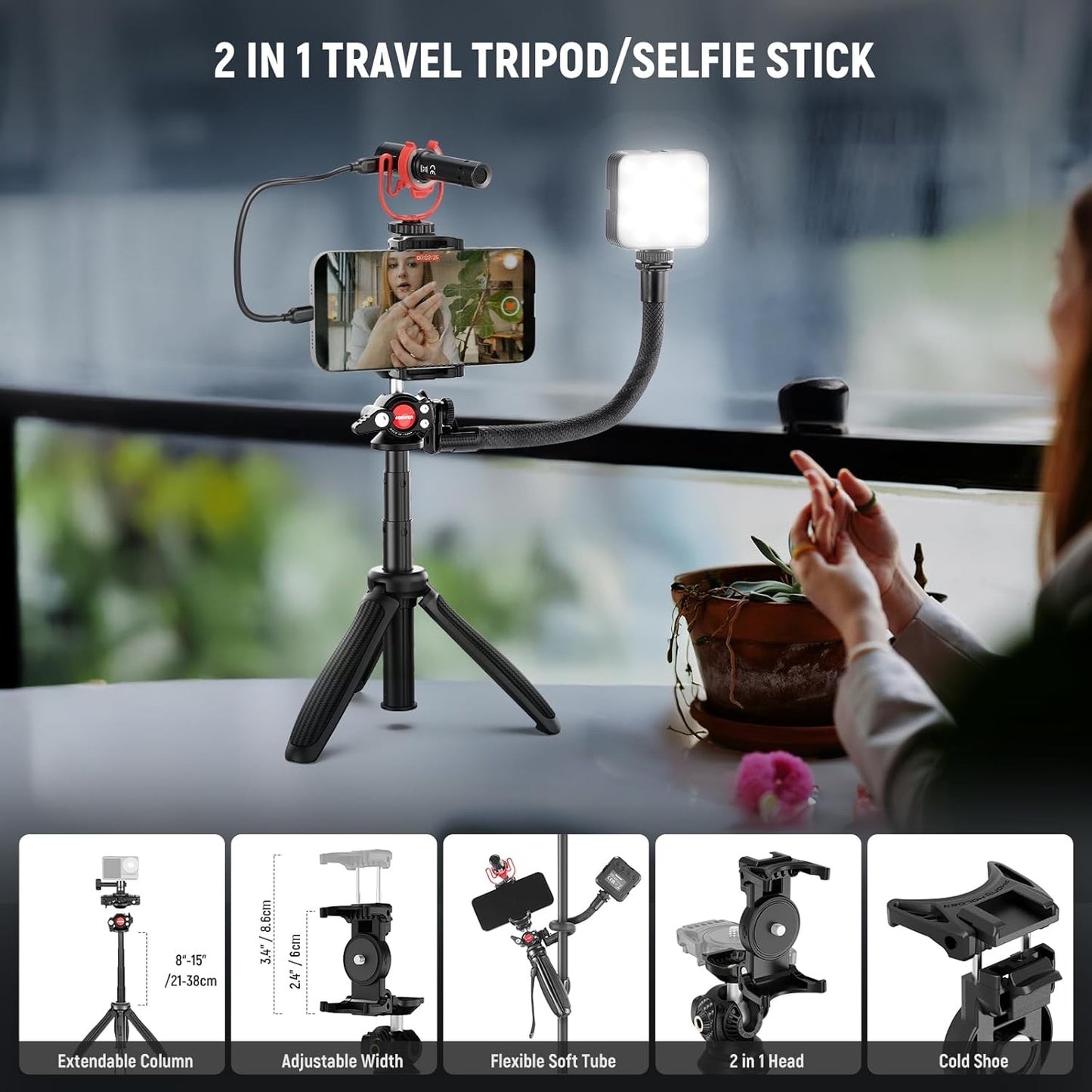 NEEWER Phone Vlogging Kit, Content Creator Essentials Kit for YouTube with LED Light, Selfie Stick Travel Tripod, Flexible Soft Tube, USB C Cardioid Microphone for iPhone, Android, Podcast, PA045