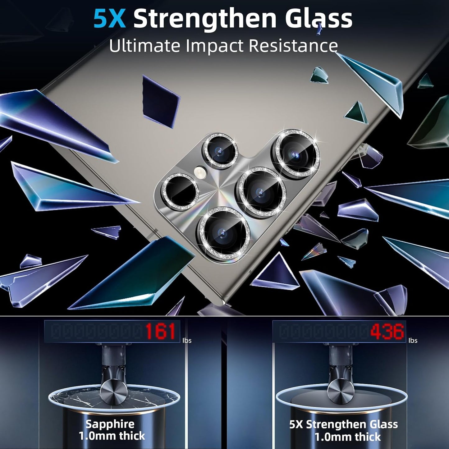 YWXTW Camera Lens Protector for Samsung Galaxy S24 Ultra, [Lithography Laser Gradient] [5X Strengthen] Bling Glitter Tempered Glass Screen Protector Metal Ring Camera Lens Cover (Titanium Gray)