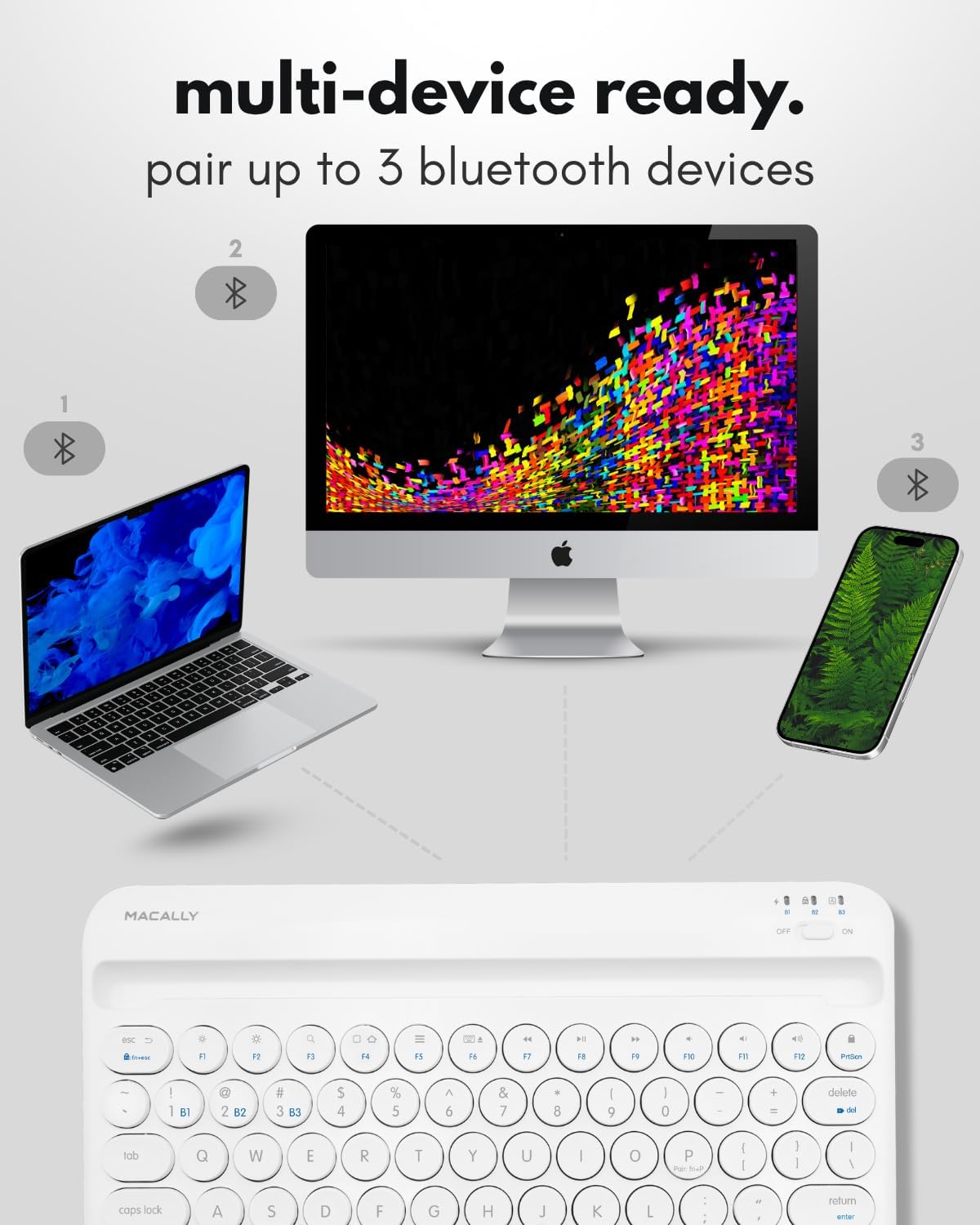 Macally Bluetooth Keyboard for Tablet | Wireless Keyboard for iPad mini/Air/Mini, iPhone (Multi-Device, Built-in Stand, Rechargeable) Easy to Use and Cute Portable - White