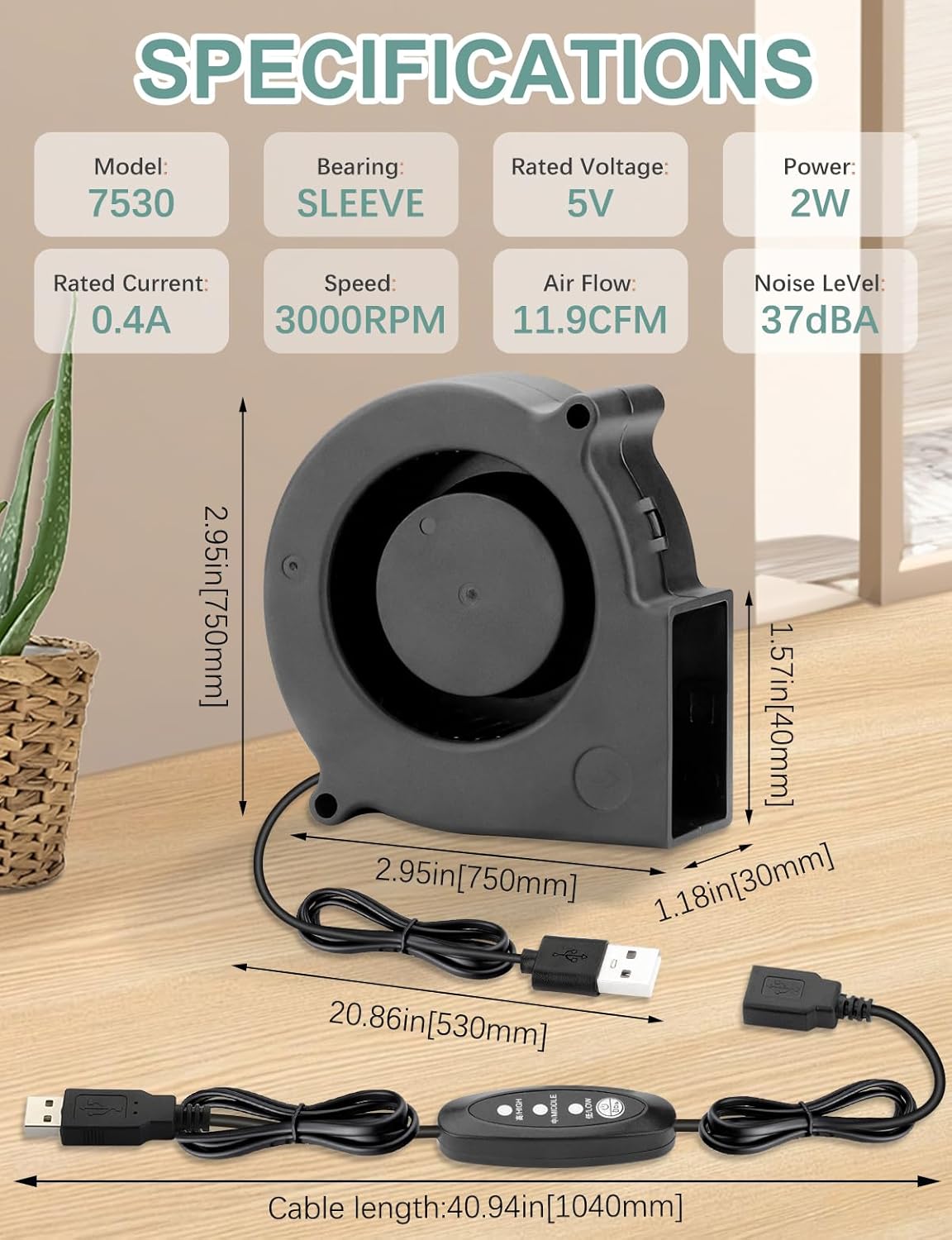 75mm x 30mm USB Blower Fan 5V Turbine Centrifugal Blower Fan for Cooling DIY Computer Case PC 3D Printer Electronics Cabinet Helmet Laptop Game Consoles