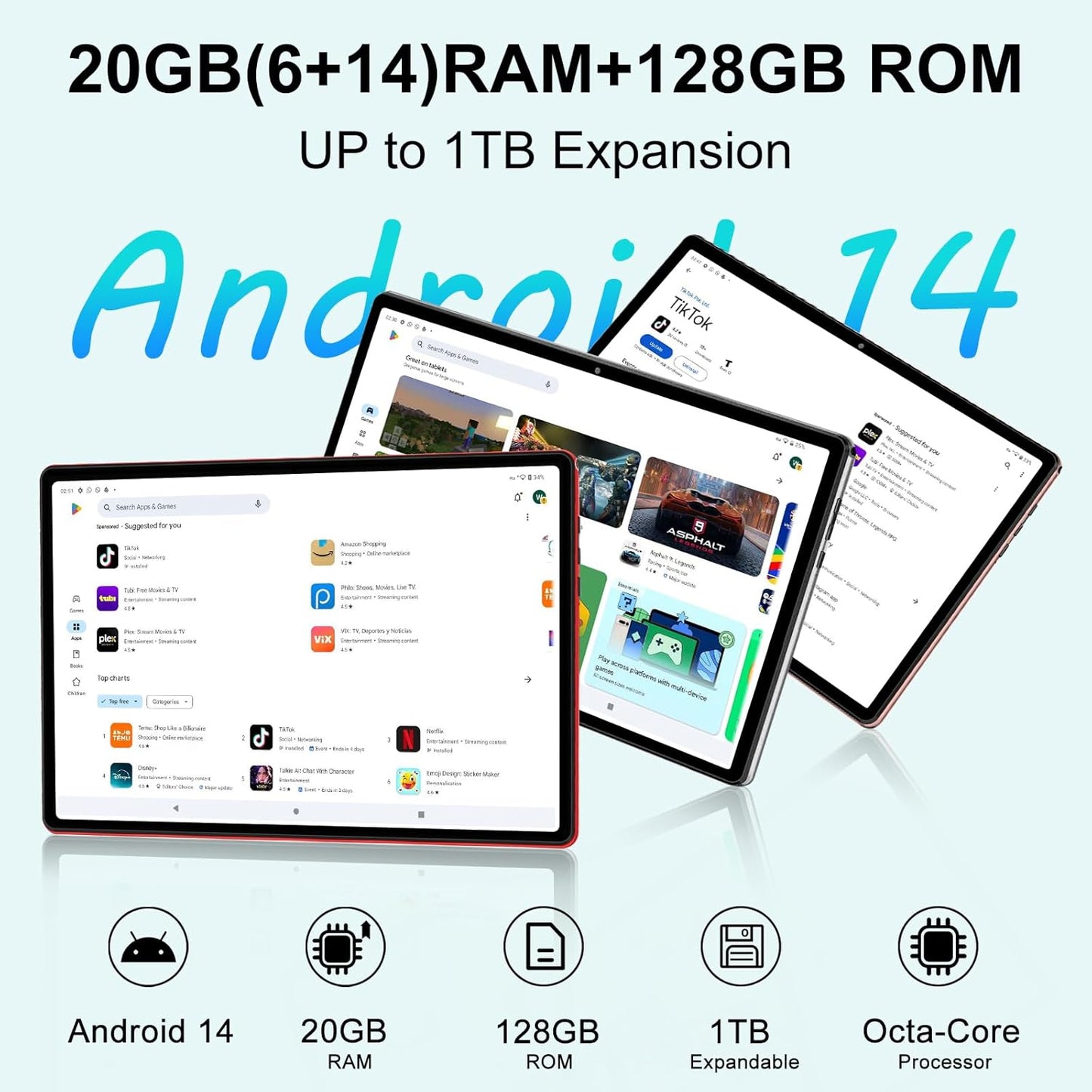 Android 14 Tablet 10 Inch Tablets, 20GB+128GB/1TB Expandable, Tablets with Octa-Core, WiFi 6, Dual Camera, BT 5.0, 6000mAh Battery, HD IPS Display, Widevine L1, Tablet with Keyboard Mouse - Rose Gold