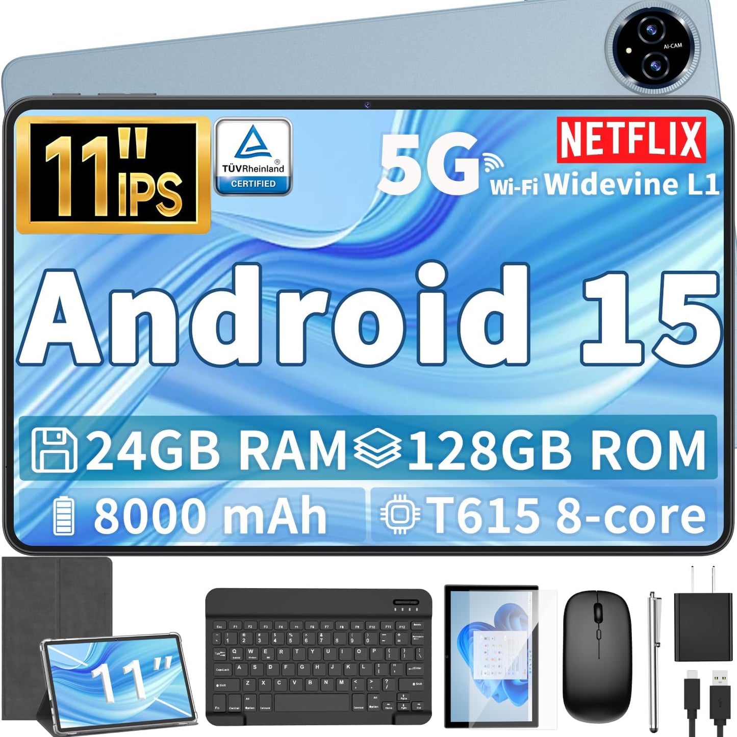 Android 15 Tablet, 11 inch Tablet with Keyboard, 24GB RAM (4GB RAM and 20GB Extend)+128GB, 1TB Expand, Octa-Core, 2.4G/5G WiFi, 8000mAh, BT V5.0, GMS Certified with Case, Mouse, Stylus(Silver)