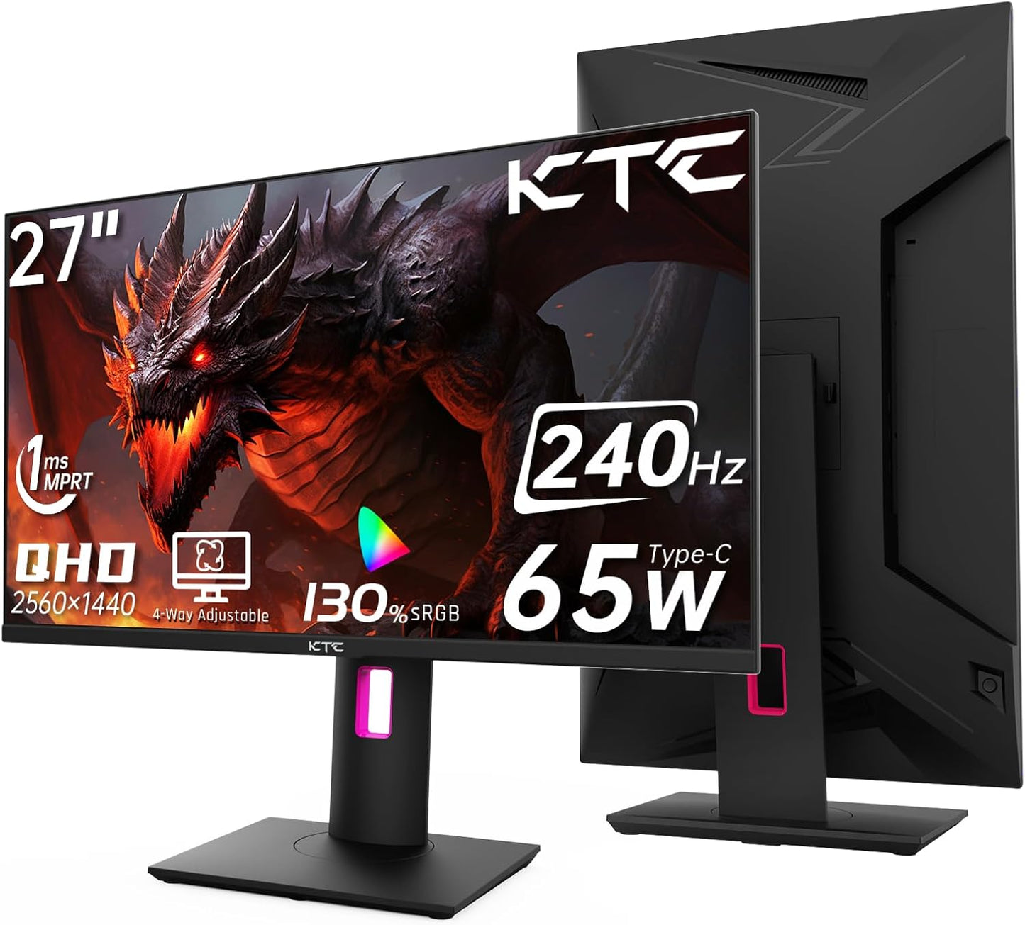 KTC 27'' 240Hz QHD 1440P Gaming Monitor 144Hz 1ms 65W Type C USB DisplayPort HDMI HDR400 Tilt/Height/Pivot/Swivel Fast HVA AdaptiveSync VESA