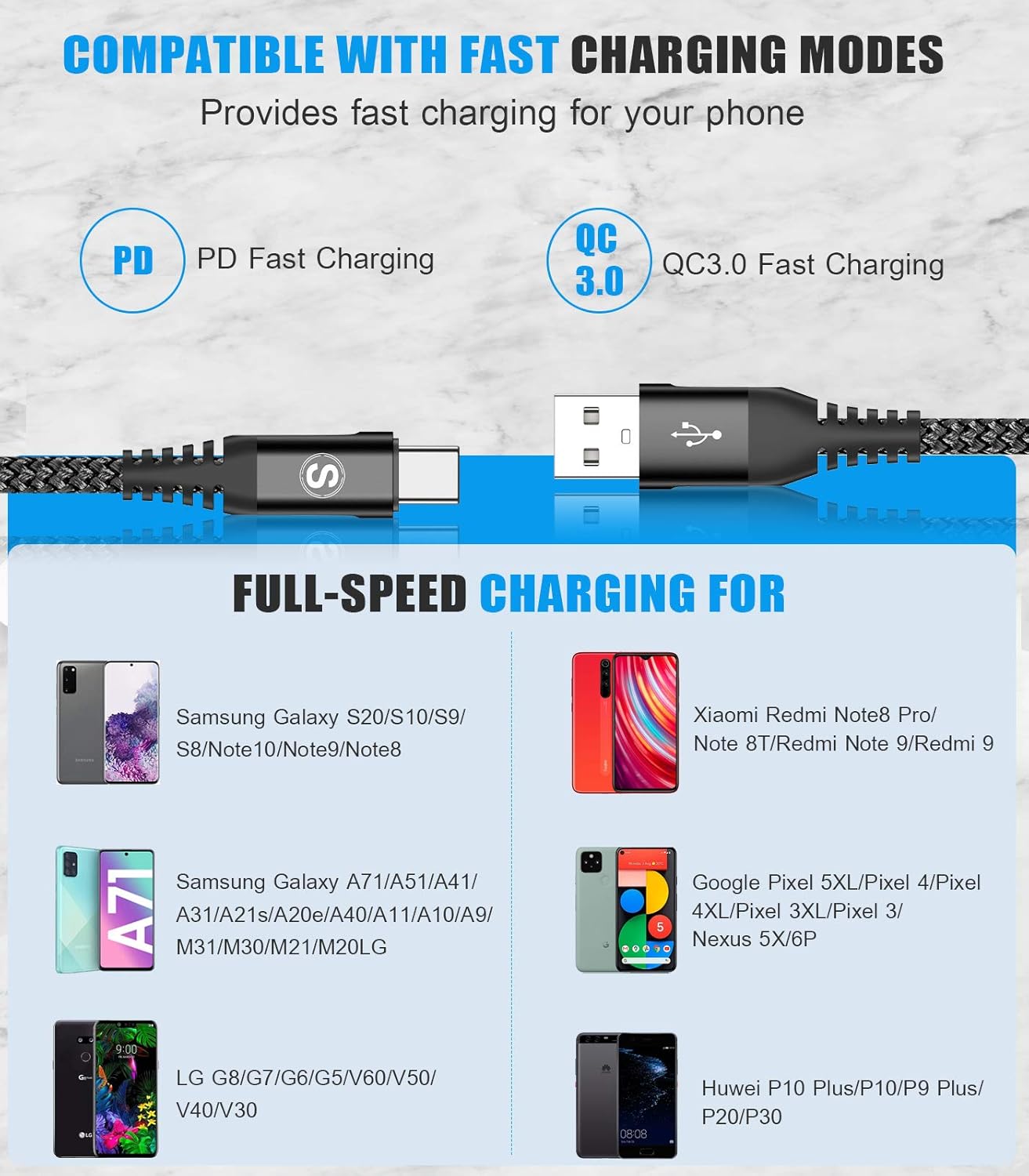 sweguard USB Type C Charger Cable [3-Pack,10ft+6.6ft+3.3ft] iPhone 16 Charger Nylon Braided Cord for iPhone 16 15 Pro Max Plus Samsung Galaxy S24 S23 S22 S21 S20 S10 Note 20 10 A54 Pixel LG Moto PS5