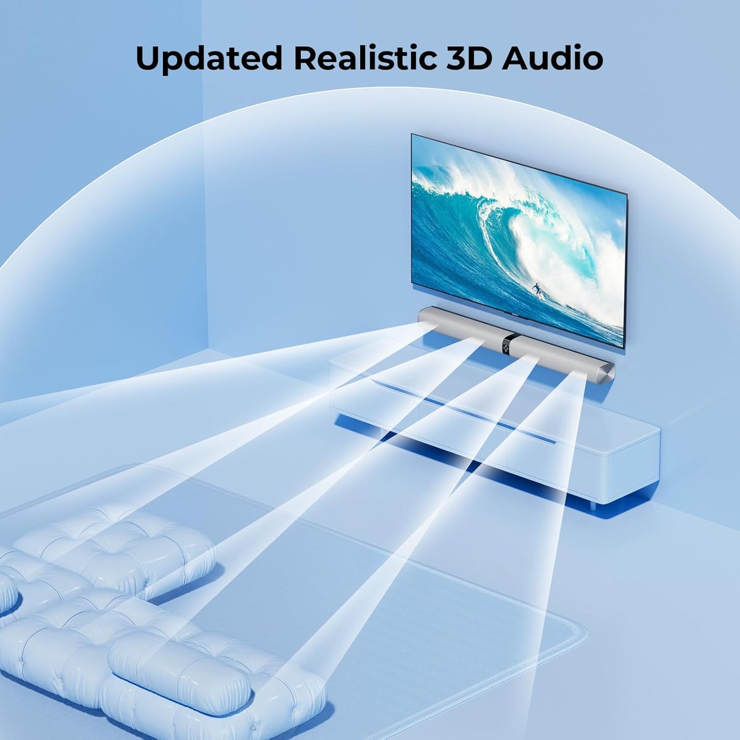 Sound Bar for Smart TV, 80W Soundbar with Bluetooth/ARC/Opt/AUX Connect, Auto Volume Boost, 3 Equalizer Modes, 2 in 1 Detachable Soundbar for TV/PC/Gaming/Projectors