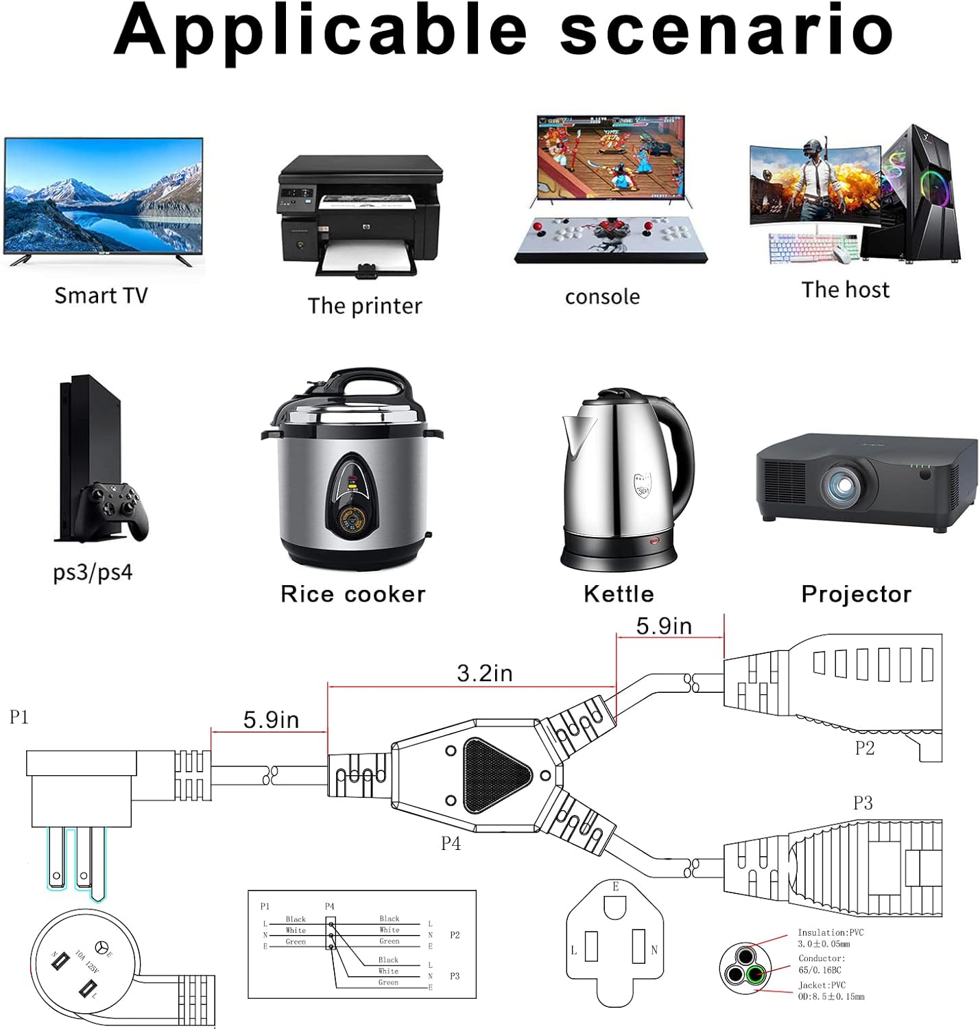 Power Extension Cord Y Splitter - 1FT Right Angled Type Flat Plug NEMA 5-15P 1 to 2 Way Outlet NEMA 5-15R SJT 16AWG 3 Prong Low Profile Black AC Power Cable Wire Extender for Home Office (2-Pack)