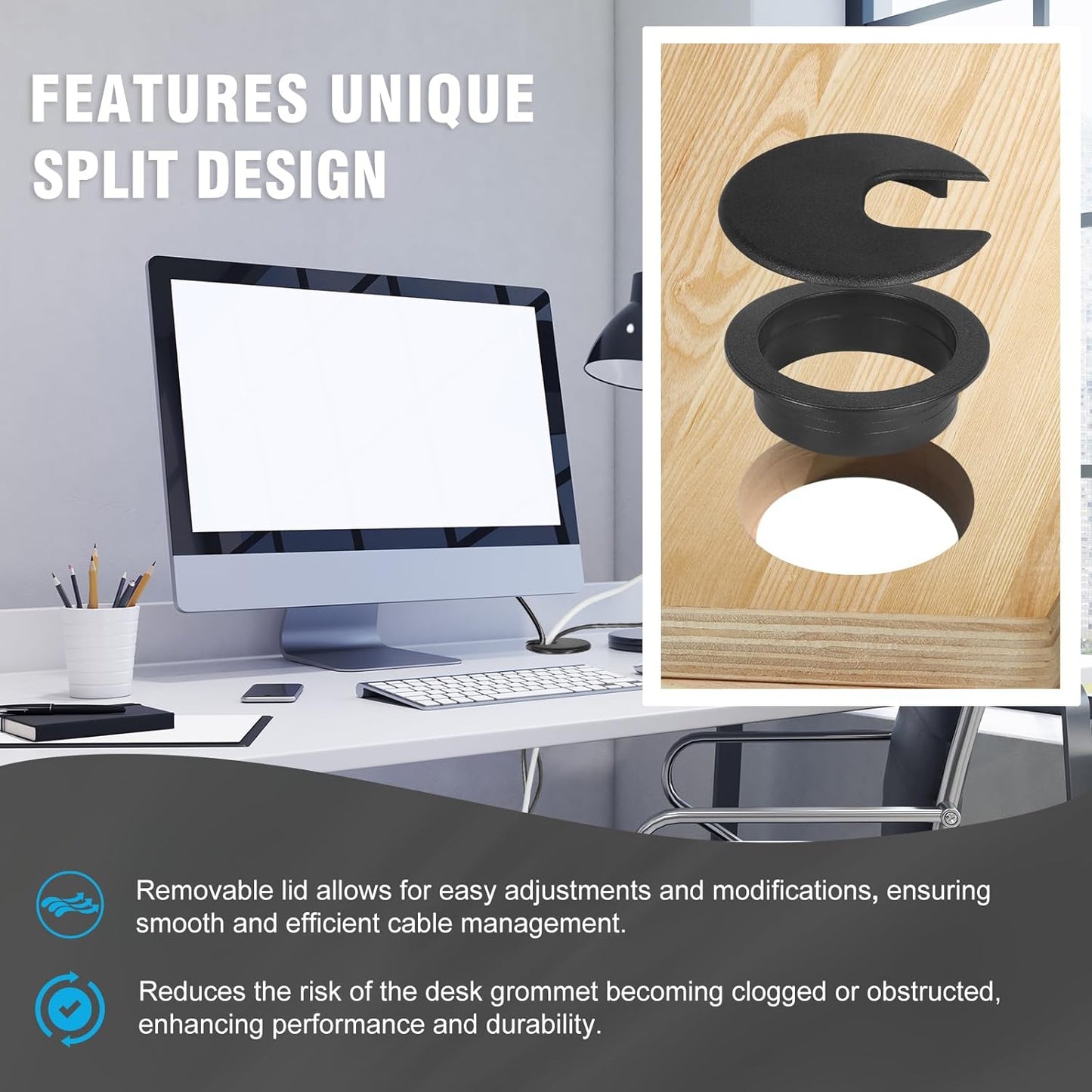 2" Black Desk Grommet, JTemgle Plastic Cable Hole Cover Computer Table Cord Wire Organizer Caps Desktop Cord Management for Home Office TV Stands Tabletops, 5 Pieces