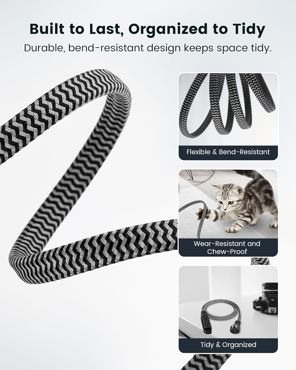 SURAIELEC 6FT Flat Extension Cord with 360° Rotating Plug, Braided Flat Plug with 3 Outlets, 16 AWG Thin Black Extension Cord for Indoor Use, Home, Office, Compact Spaces, ETL Listed