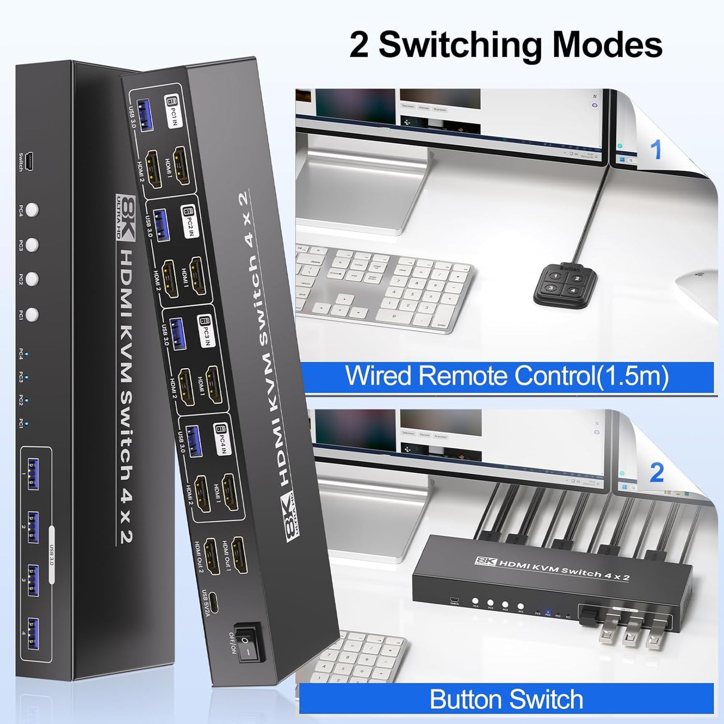 8K@60HZ 4K@120Hz HDMI KVM Switch 2 Monitors 4 Computers with 4 Port USB 3.0 Hub, 4 Port Dual Monitor HDMI KVM Switch for 4 Computers Share 1 Set of Keyboard, Mouse and 2 Monitors