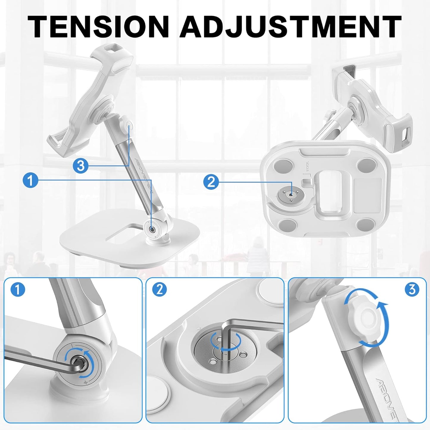 AboveTEK Upgraded Desktop Tablet Stand, 360° Swivel Tablet & Phone Desk Mount Holders for Any 4.7''-13.5'' Display iPad/Cell Phones, Stylish & Sturdy Stands for Store Office Showcase Reception (White)