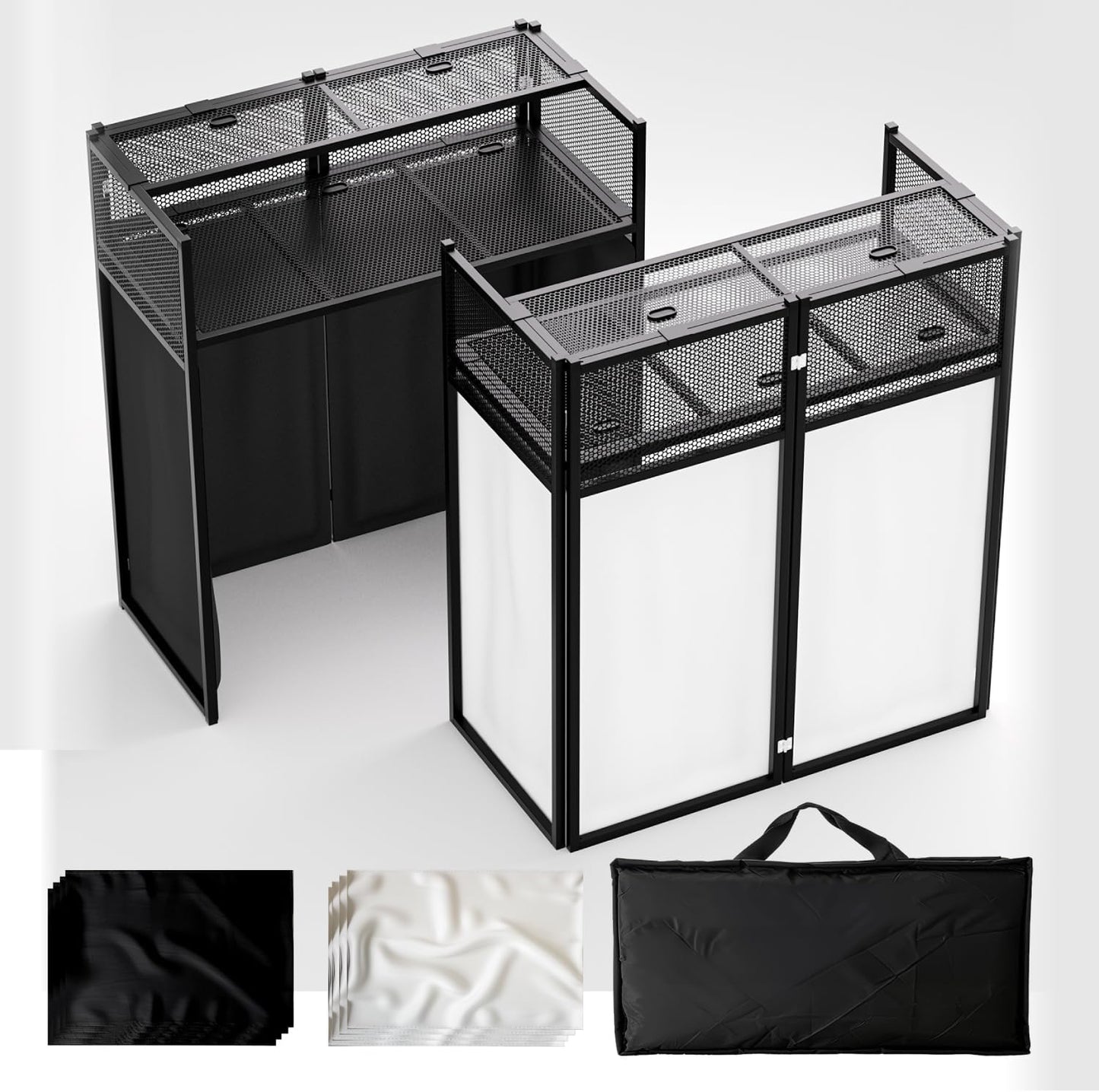 Portable DJ Booth Table,Foldable DJ Table Stand with White & Black Scrim,Adjustable DJ Facade Booth Station Metal Frame with Cable Hole for Private Events, Clubs, Bars (40x20 Double Deck)