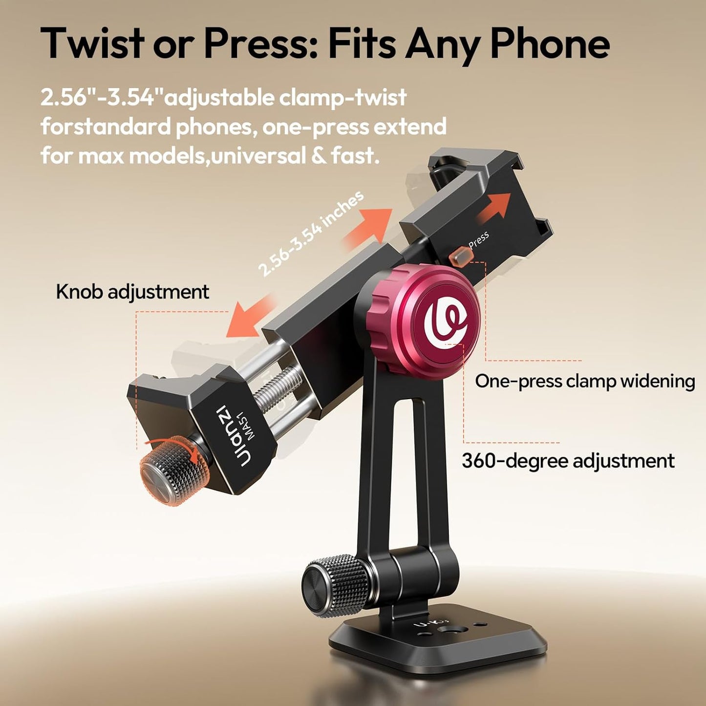 ULANZI MA51 Metal Phone Tripod Mount, Phone Clamp with Arca UKA Base, Cold Shoe, Arri Locating Holes, 360° Swivel 180° Tilt, Cell Phone Holder Compatible with iPhone 17 16 15 14 Samsung Cell Phone