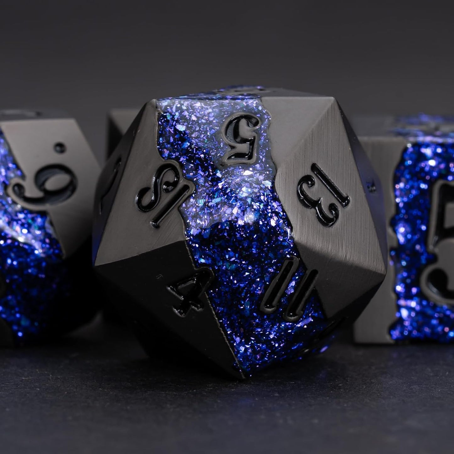 Metal DND Polyhedral Dice,Large Stripe Glitter Metallic Dice Set,Antique Silver Dice 7pcs Set for Role Playing Games(Pearl Gun Purple)