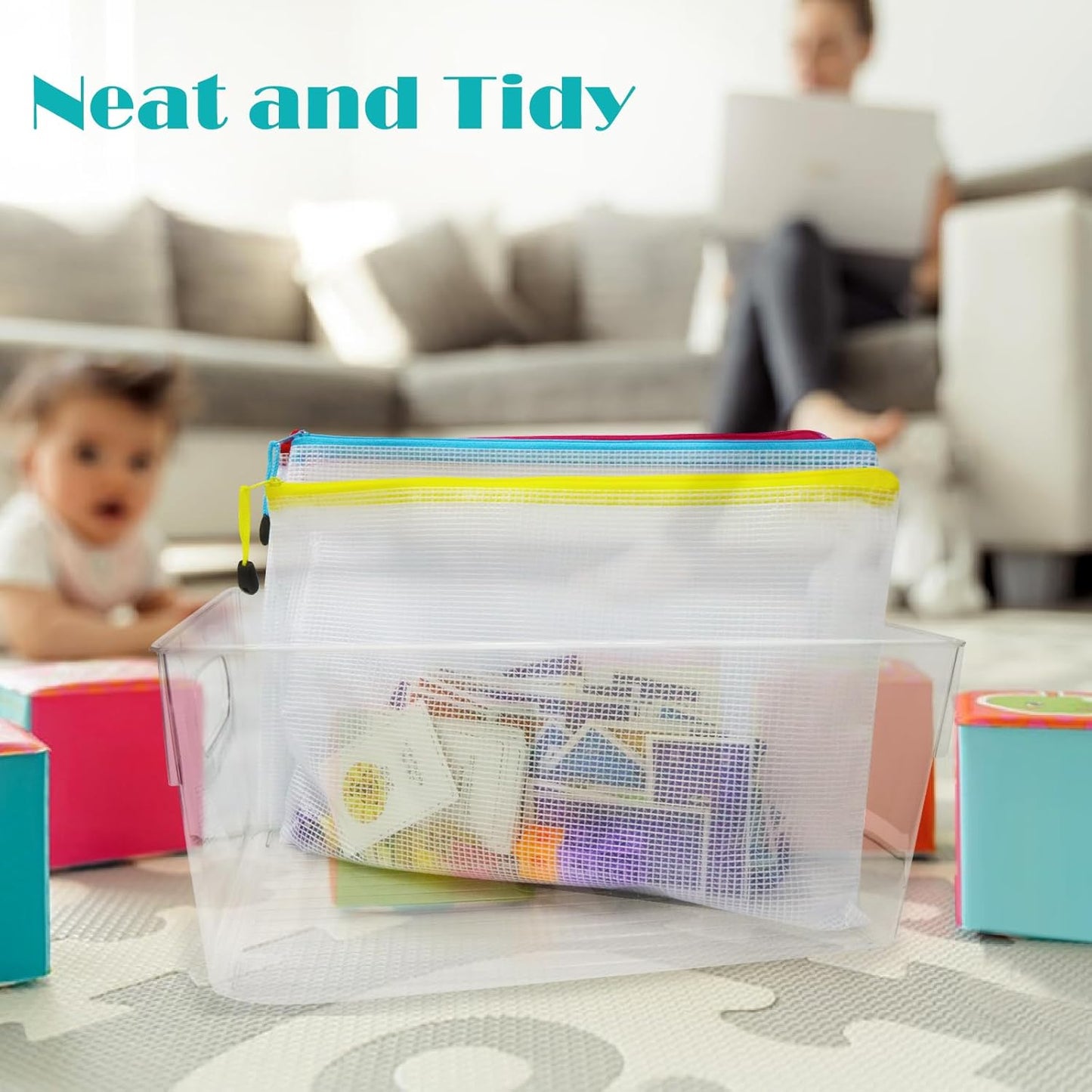 64pcs A4 Mesh Zipper Pouch Bags, Mesh Bags with Zipper Bulk, Pouches for Organization, Clear Storage Bags for Classroom, Travel, Office, Board Game