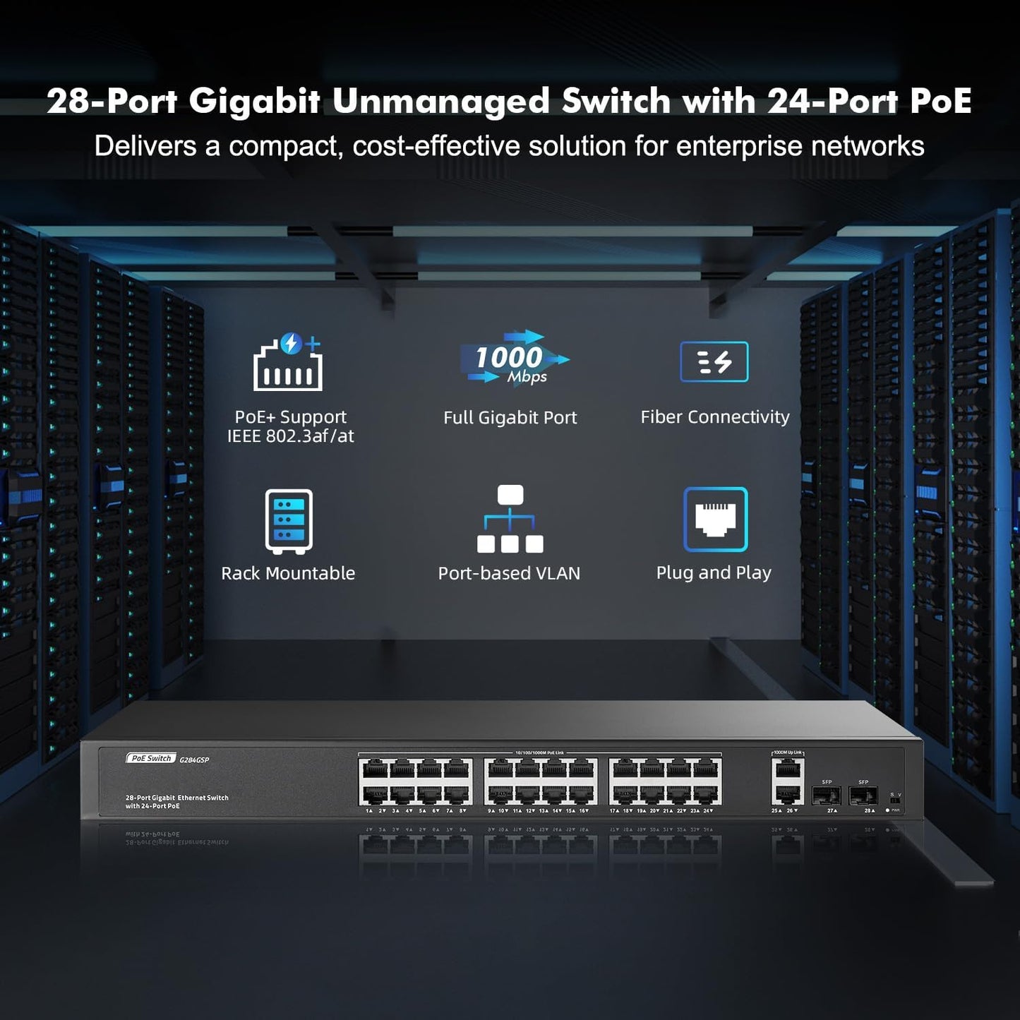 24 Port Full Gigabit PoE Switch with 2 GE Uplink, 2 Gigabit SFP, IEEE802.3af/at Max 400W, YuLinca Unmanaged Rackmount Switch with VLAN and AI Watchdog