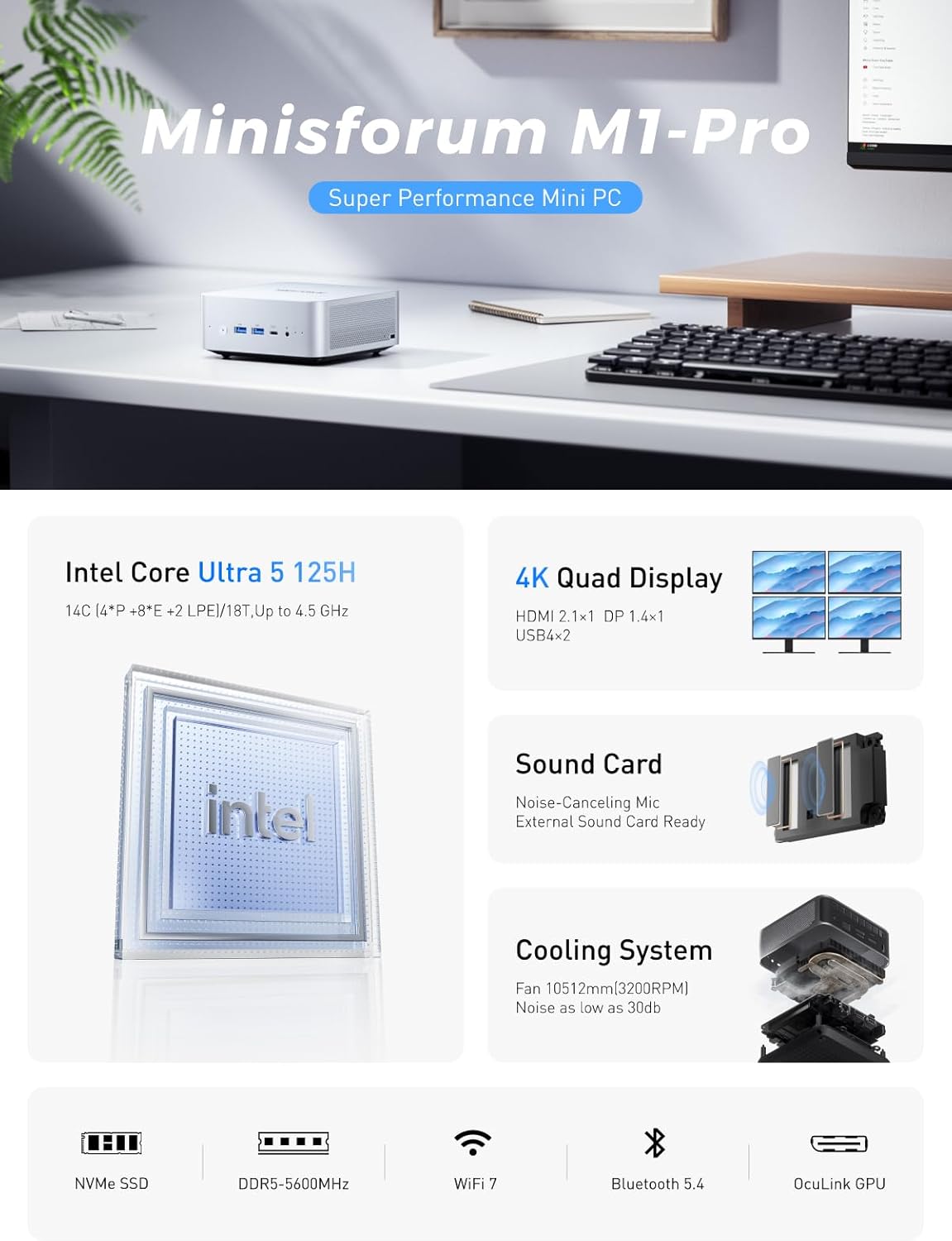 MINISFORUM AI Mini PC Barebone M1 Pro-125H with Intel Core Ultra 5 Processor 125H(14C/18T,up to 4.5Ghz), Mini Computer PCIe4.0 SSD,Triple Display with HDMI 2.1/USB4/DP,5X USB Ports, WiFi 7, BT5.4