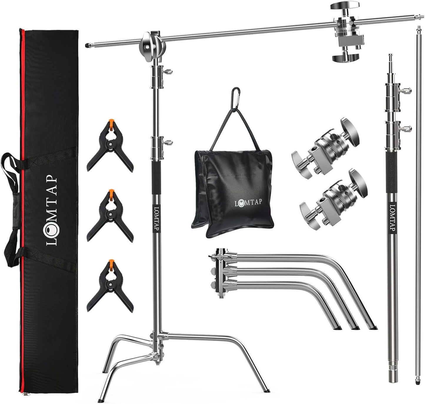 LOMTAP C Stand Light Stand Stainless Metal Photography Kit - Heavy Duty 6.8ft/210cm Vertical Pole, 2.8ft/87cm Boom Arm, Adjustable Base, Water Sandbag, 2 Grip Heads, 3 Clips for Softbox, Reflector