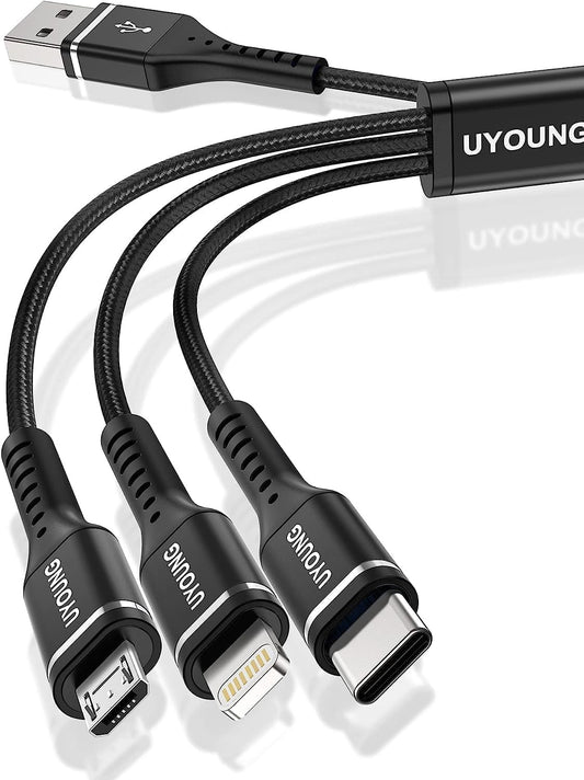 Short Multi Charging Cable 1FT 2Pack 3 in 1 Charger Cord Braided Universal Phone Cords with Lightning/Type C/Micro USB Connectors, Multiple USB Cable for iPhone/Samsung/Google Phones and More