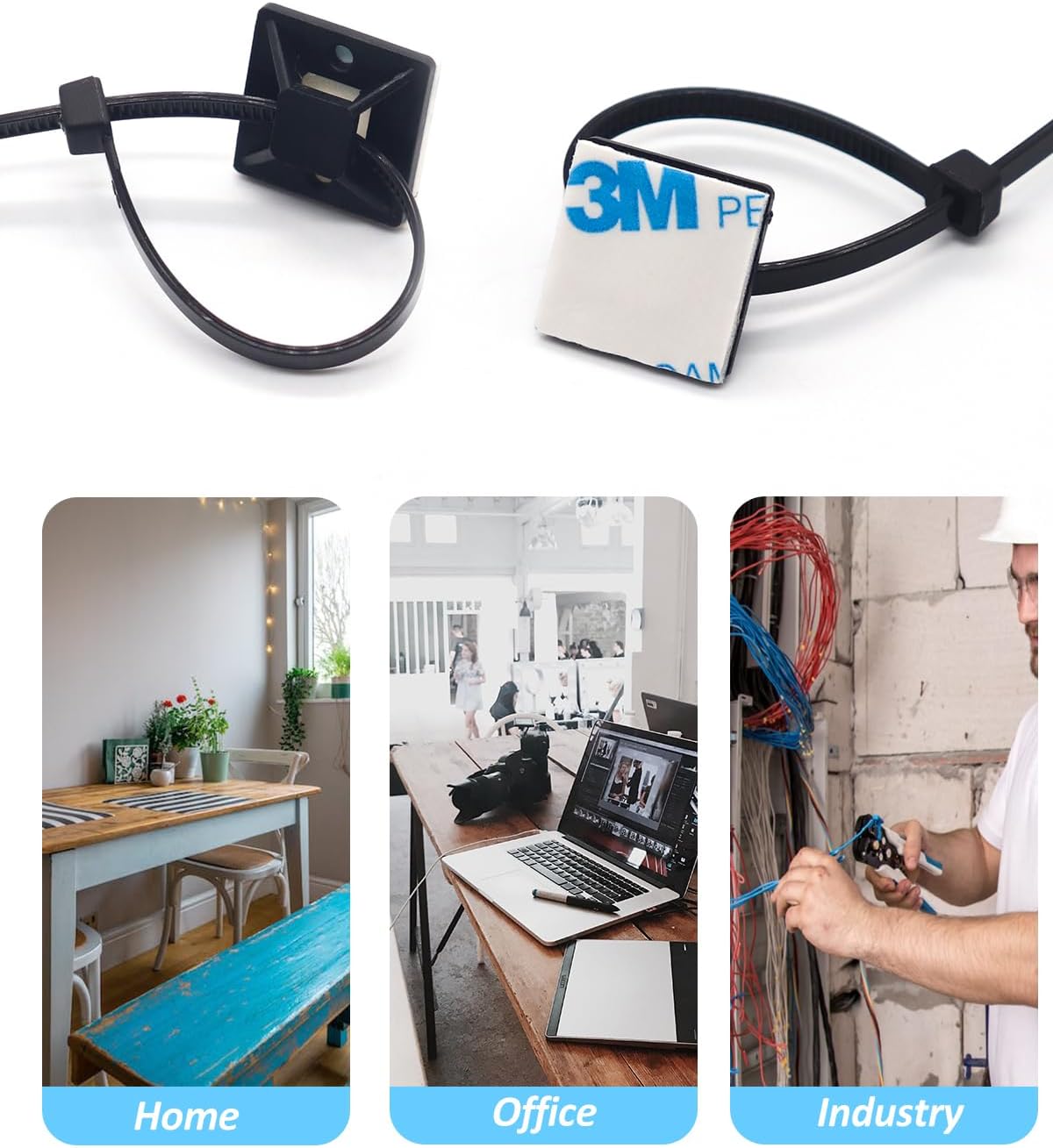 Cable Management Kit - 100 Set Adhesive Cable Zip Tie Mounts with 8" Zip Ties | UV Resistant Wire Organizers for Indoor/Outdoor Use-Black