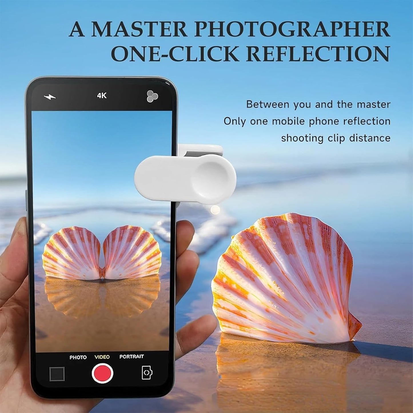 Mirror Effect Lens - Capture Stunning Reflections Instantly, Smartphone Camera Mirror Reflection Clip Kit, Adjustable Angle Mobile Phone Camera Mirror Clip for Outdoor Travel Photography (White)