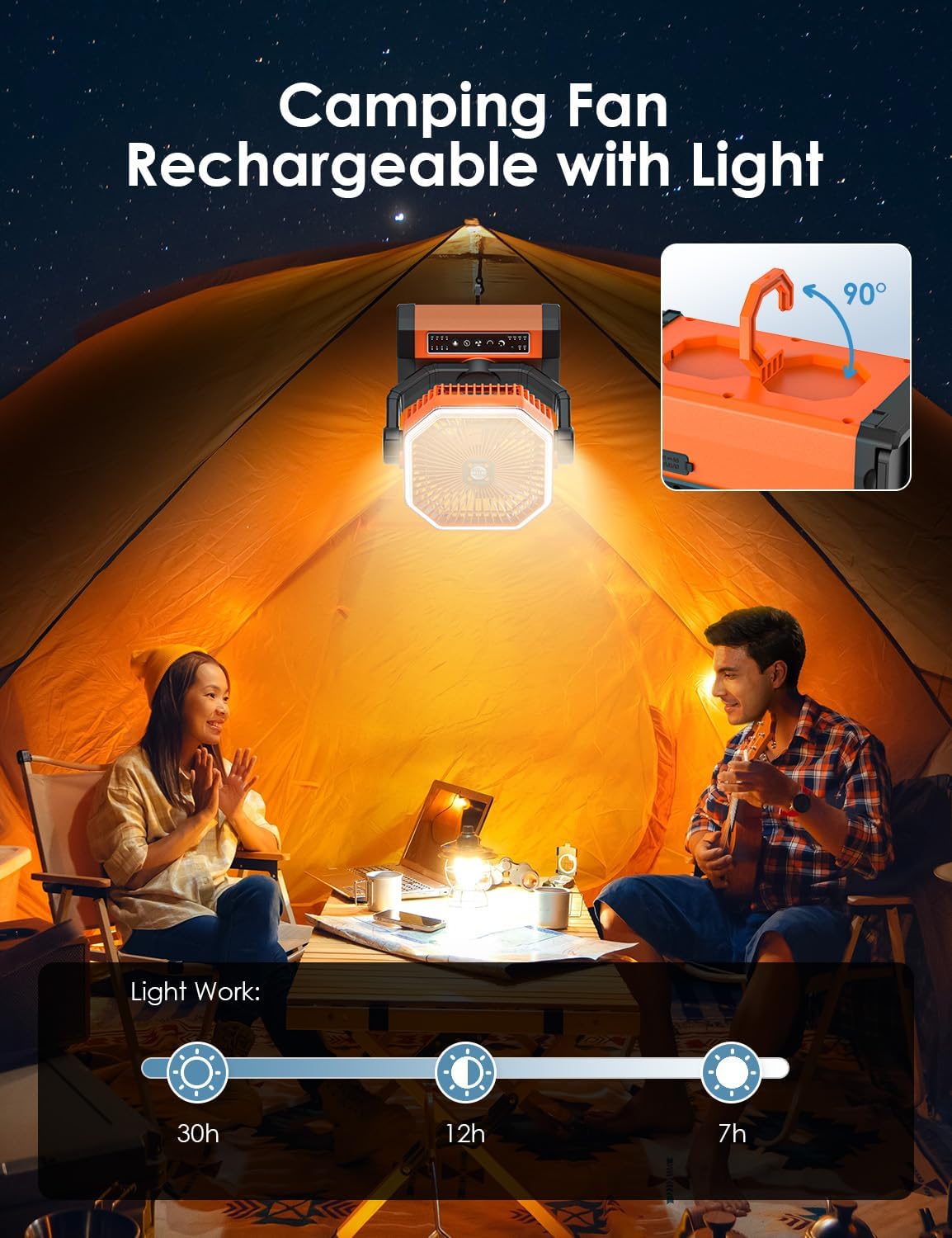 Battery Powered 9-Inch Rechargeable Portable Fan - 10000mAh(30Hrs) Auto Oscillation, Tent Fan with Remote/light, 4 Speeds, 4 Timing, Outdoor