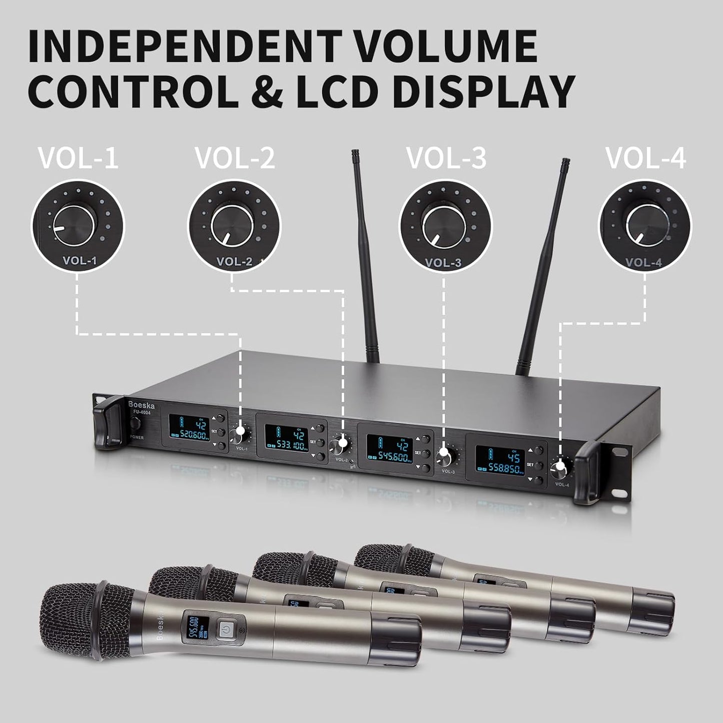 Wireless Microphone System, 4-Channel UHF Wireless Mic, Fixed Frequency Metal Cordless Mic with 4 Handheld Dynamic Microphones, 200ft Range, Mics for Singing, Church (4 Handheld)